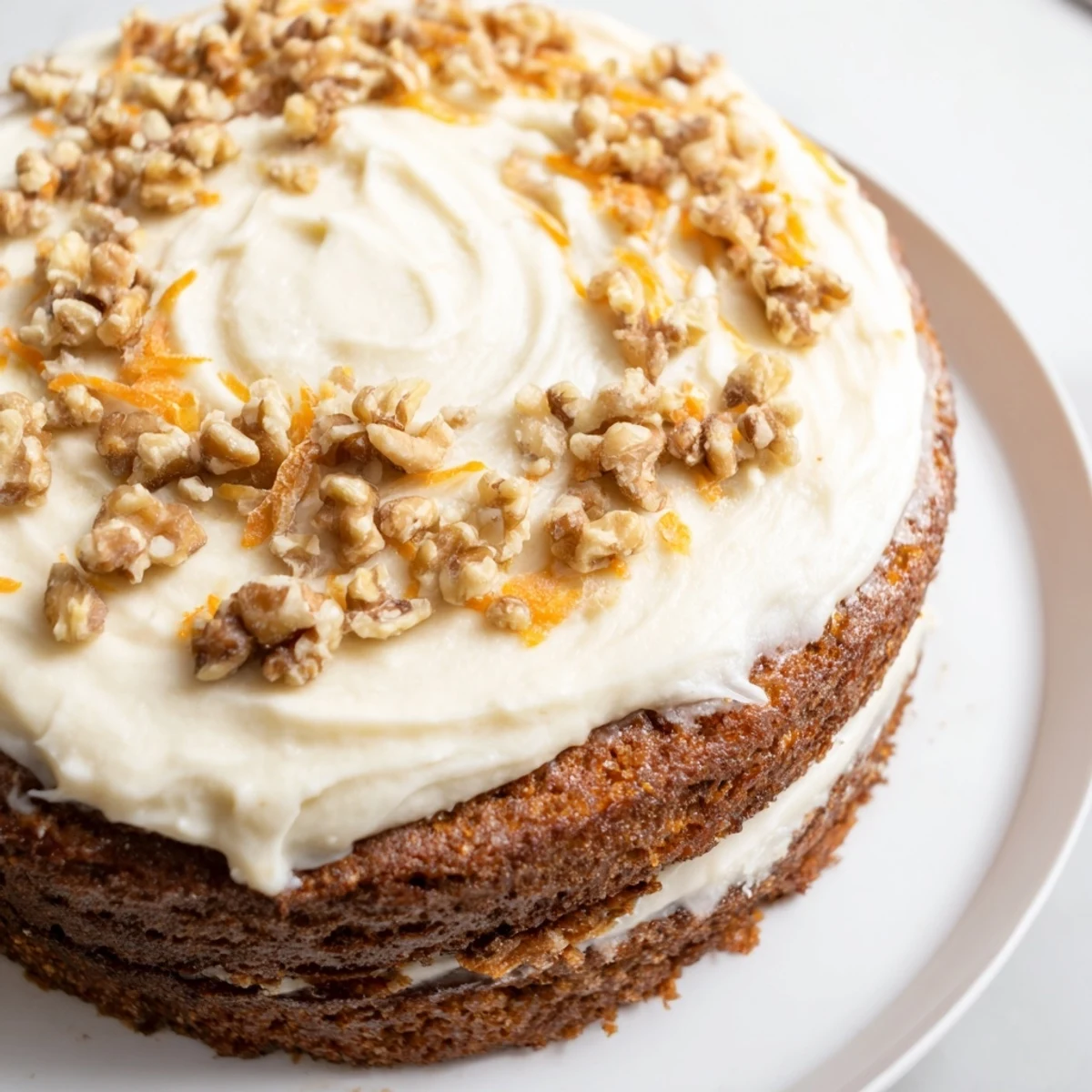 Creamy frosting and chopped walnuts top a slice of Easter Carrot Cake with Walnuts, showing moist, tender crumb.