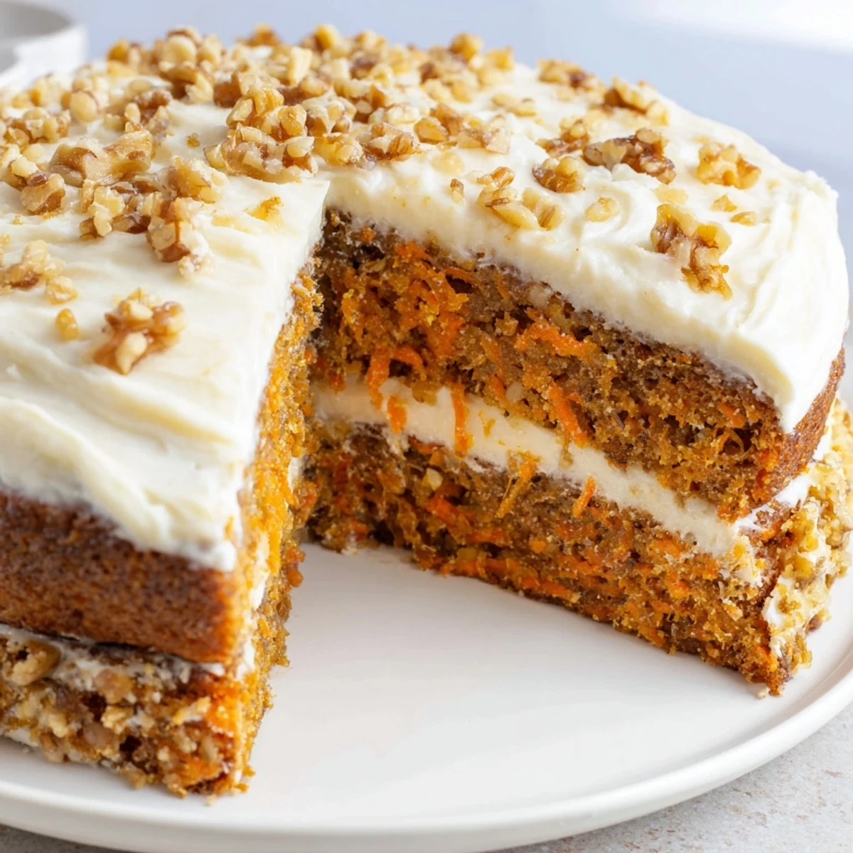 Golden-brown Easter Carrot Cake with Walnuts sits on a plate beside a fork, ready for an Easter celebration.