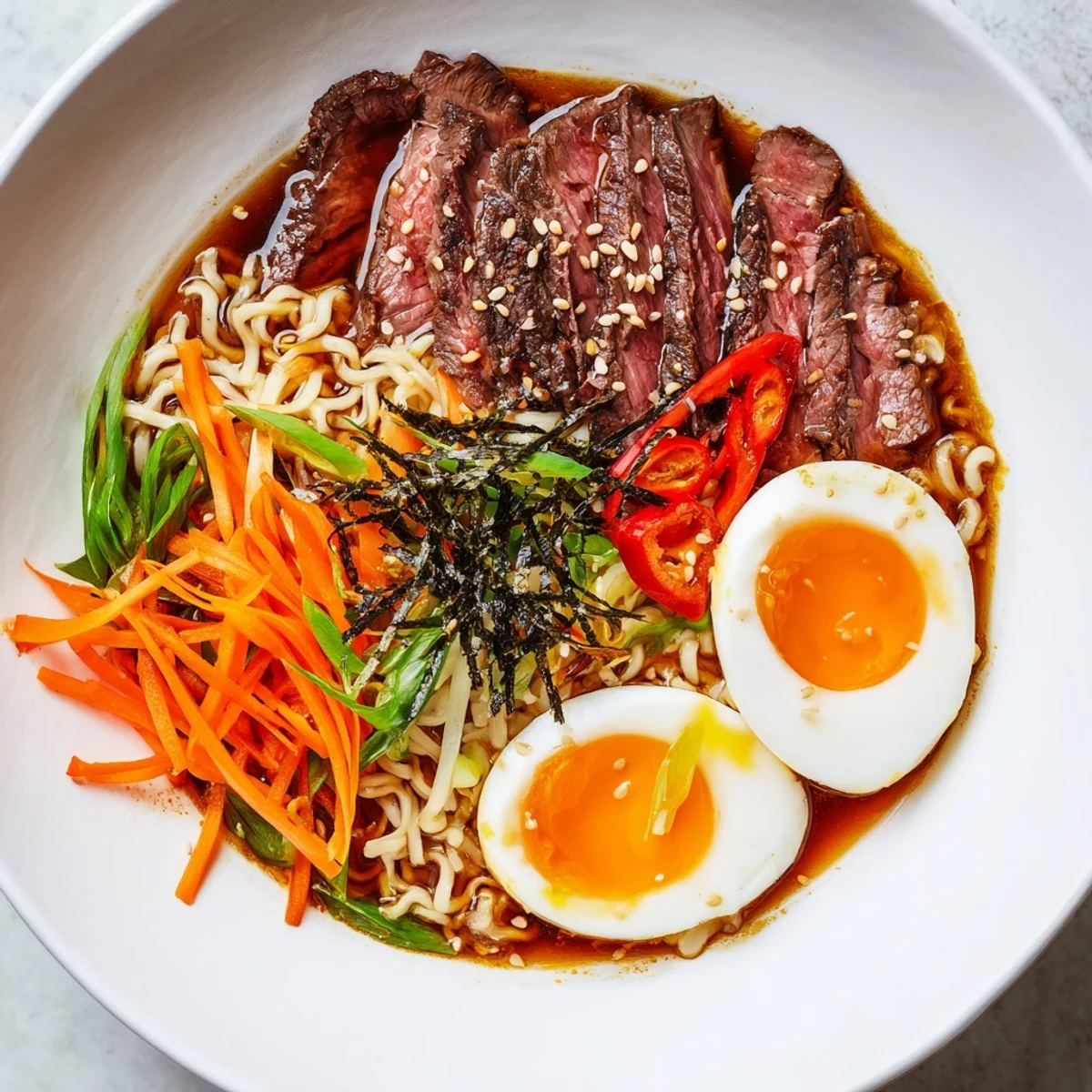 Steaming bowl of Spicy Beef Ramen with Soft Boiled Egg garnished with fresh vegetables and sesame seeds.