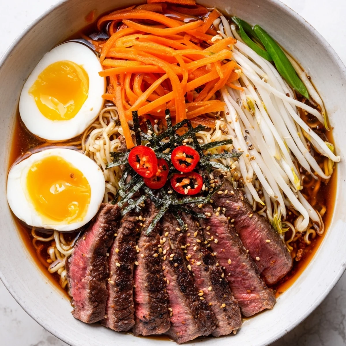 Hearty Spicy Beef Ramen with Soft Boiled Egg served in a cozy Japanese-style dining setting.