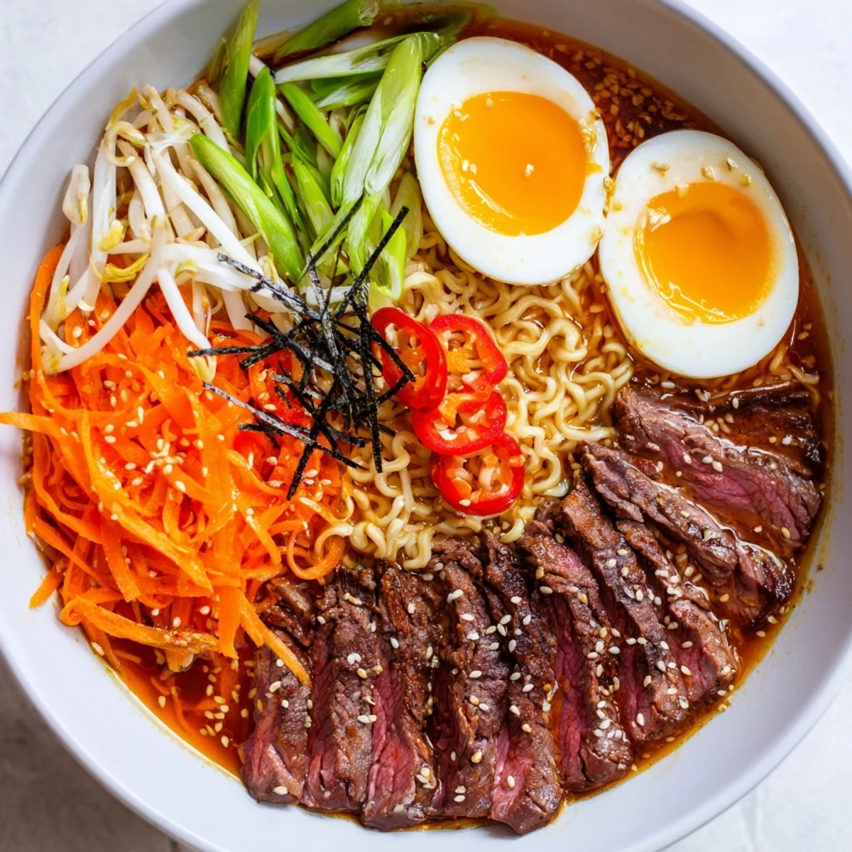 Close-up of Spicy Beef Ramen with Soft Boiled Egg showing tender beef slices and rich broth.