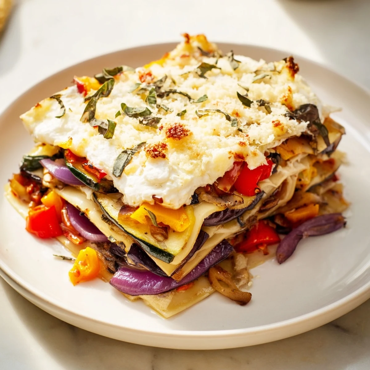 A close-up of Roasted Vegetable Lasagna with White Sauce reveals bubbly mozzarella, tender noodles, and colorful roasted bell peppers on a rustic wooden table.