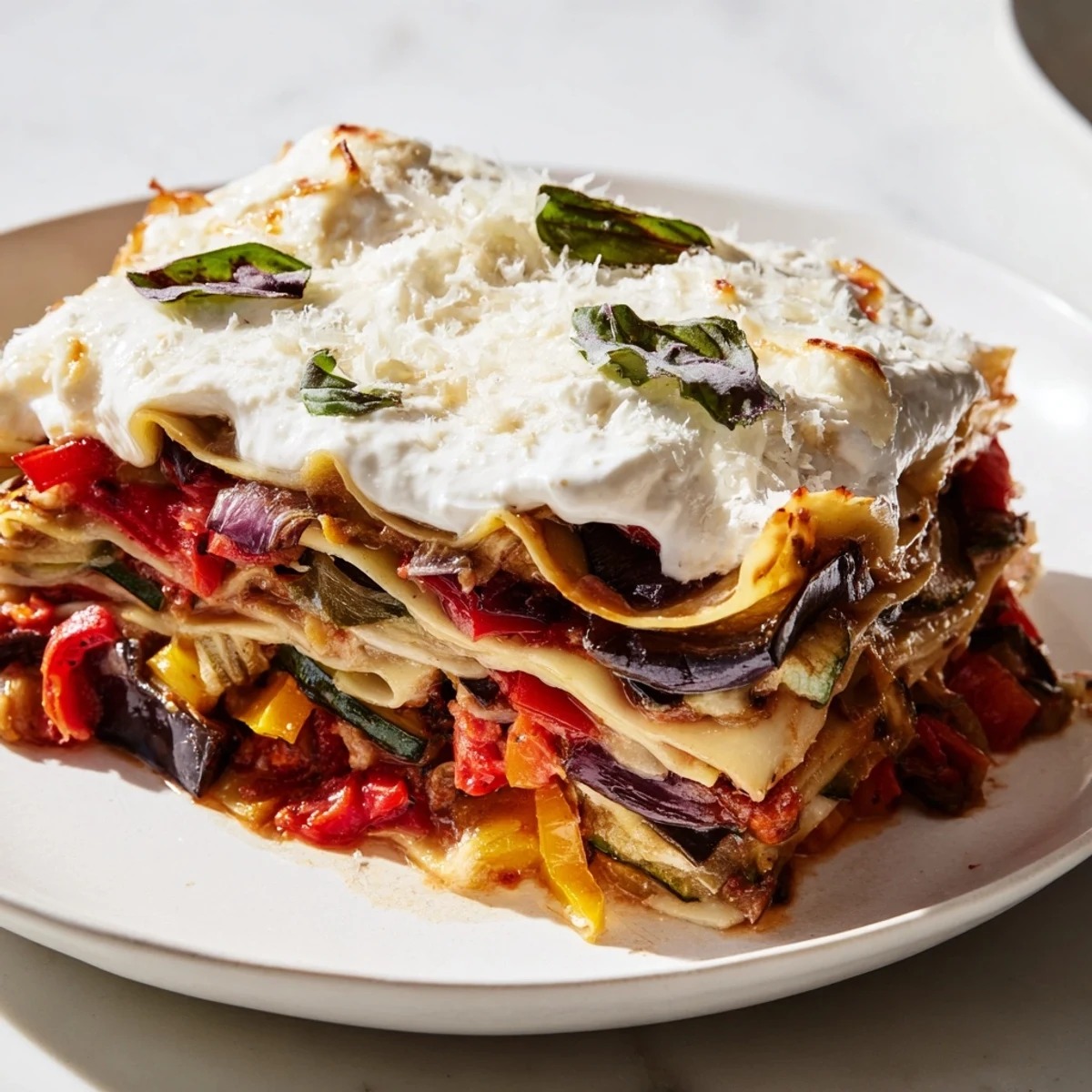 Golden slices of Roasted Vegetable Lasagna with White Sauce display caramelized veggies and creamy layers in a white baking dish, garnished with fresh basil.
