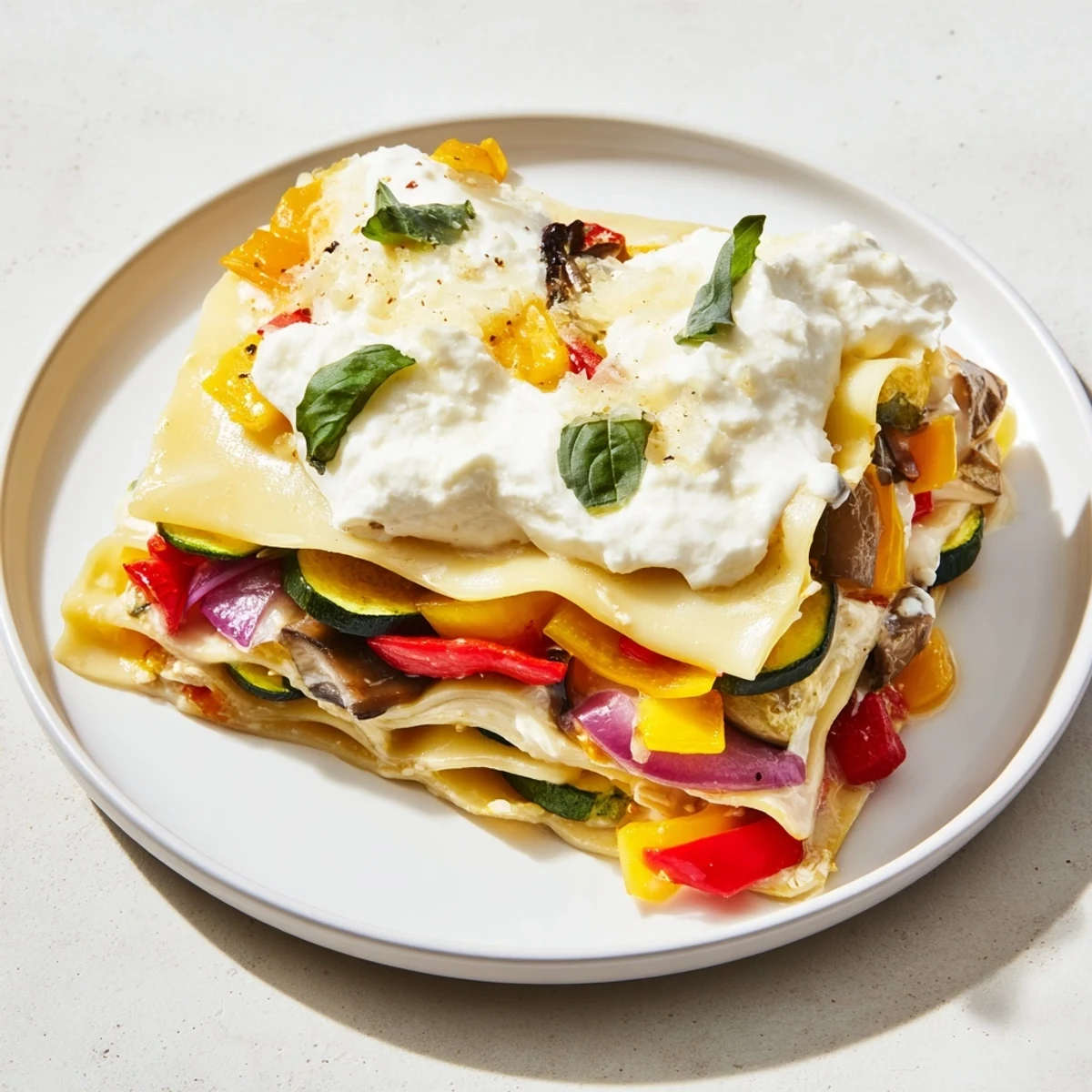 Top-down view of Roasted Vegetable Lasagna with White Sauce in a casserole dish, served with a crisp green salad for a cozy family dinner.
