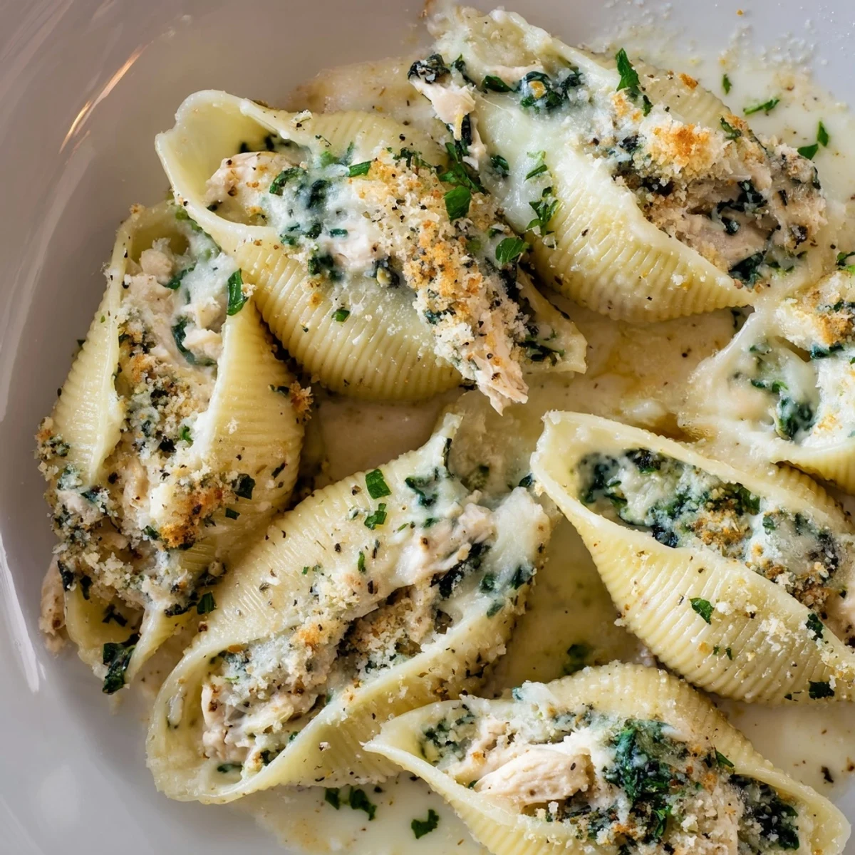 Golden-brown baked Chicken Alfredo Stuffed Shells with Spinach in a ceramic dish, garnished with fresh parsley.  