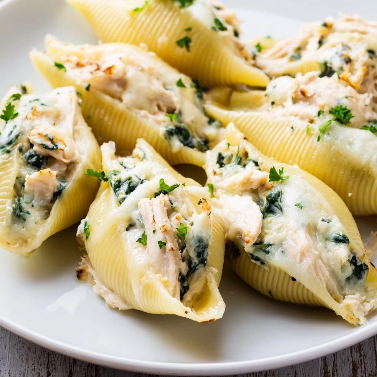 Serving suggestion for Chicken Alfredo Stuffed Shells with Spinach on a white plate with salad.