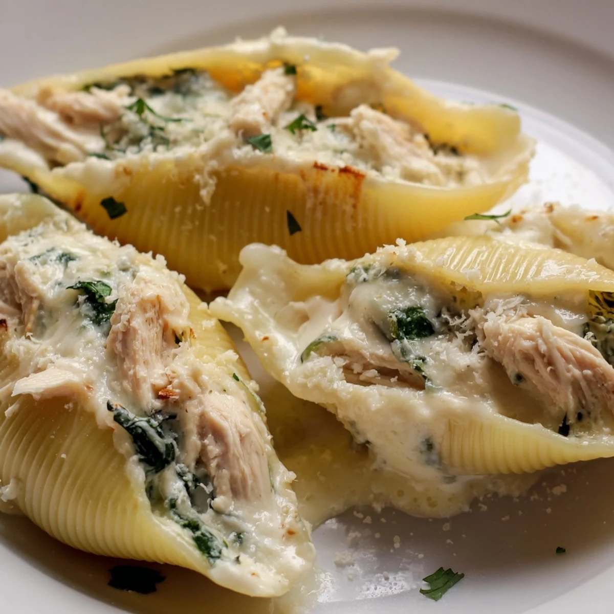 Close-up view of creamy Chicken Alfredo Stuffed Shells with Spinach showing cheesy filling and rich sauce.  