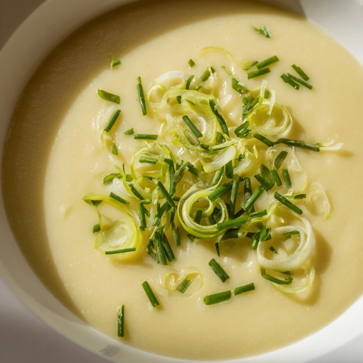 Creamy Potato Leek Soup with Chives in a rustic bowl, garnished with fresh chives and a swirl of cream.  