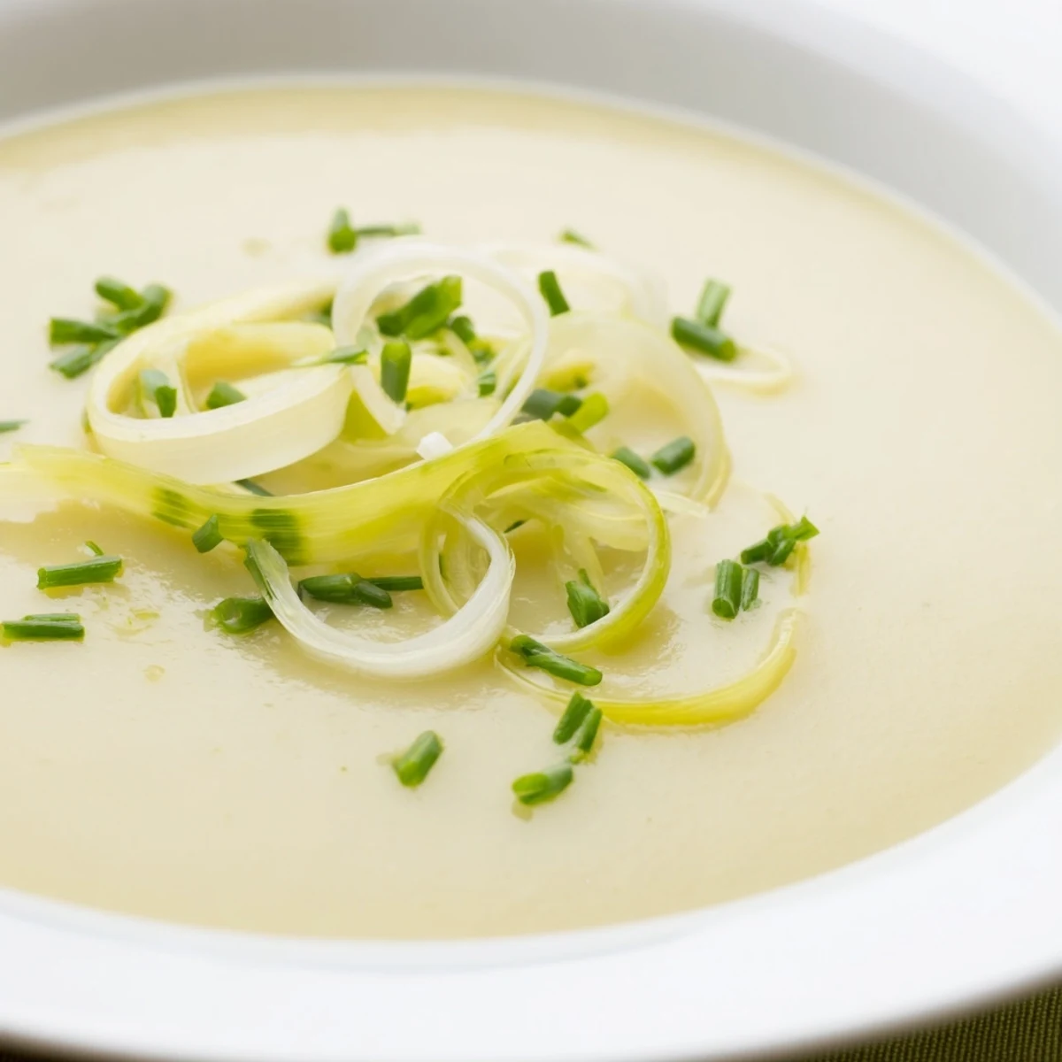 A close-up of Creamy Potato Leek Soup with Chives, steaming warmly beside crusty artisan bread.  