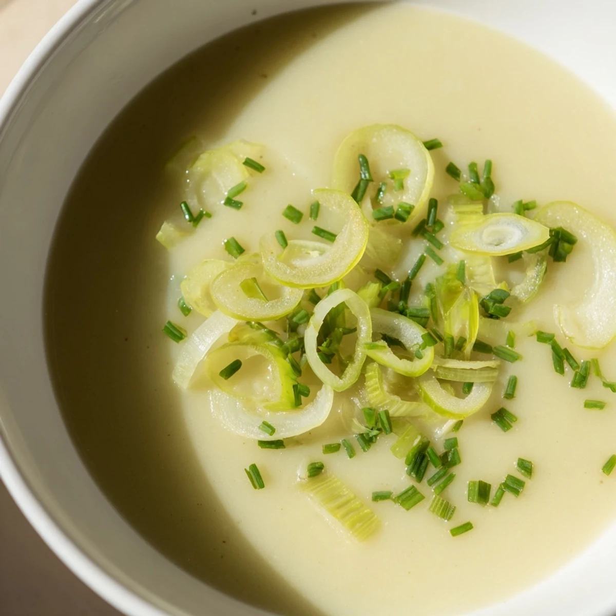 Serve Creamy Potato Leek Soup with Chives in a white bowl, garnished with chives and cracked pepper.