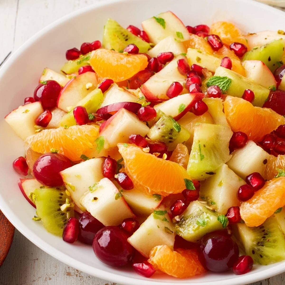 A vibrant Winter Fruit Salad with Honey Lime Dressing showcases sliced apples, oranges, and pomegranate arils glistening in citrus glaze.