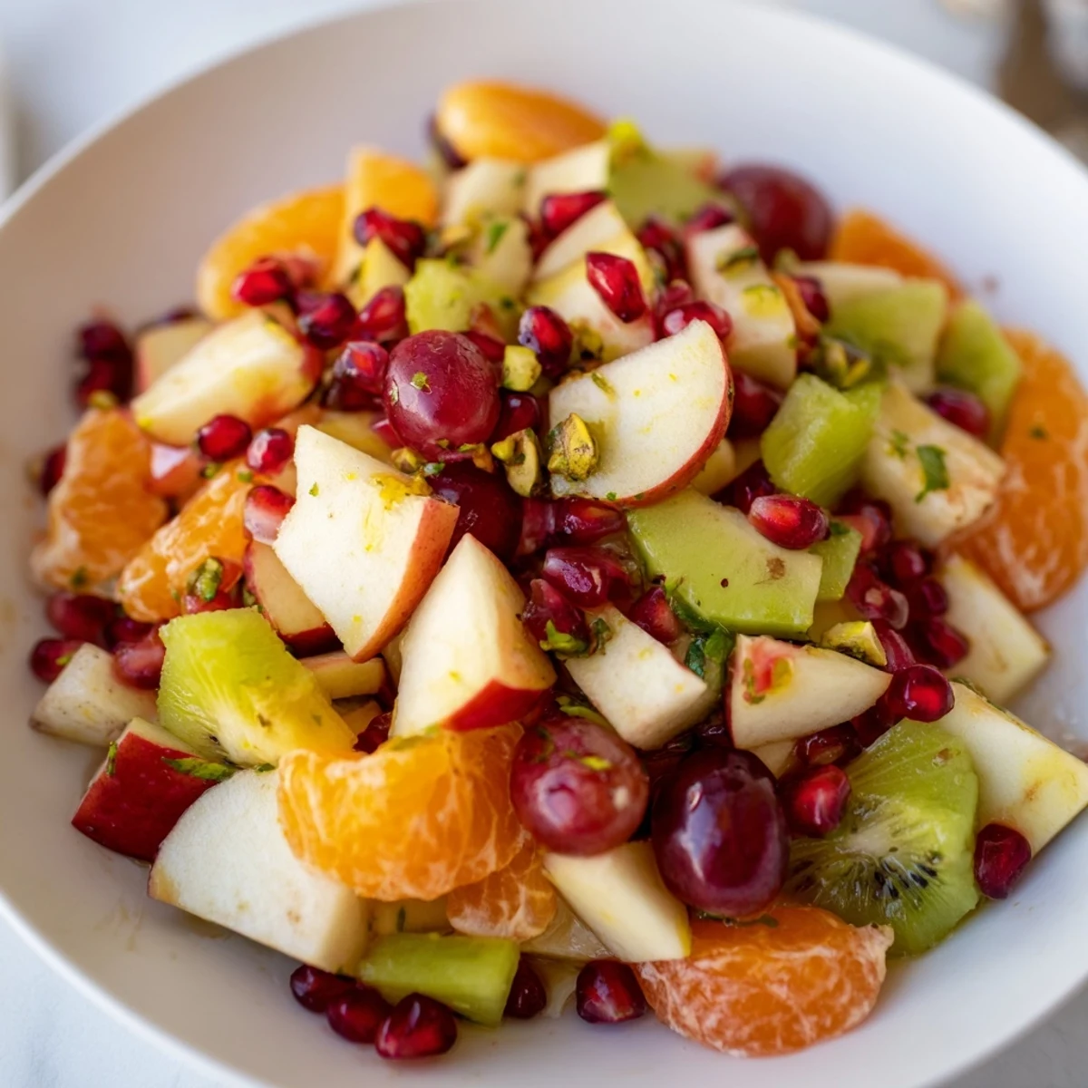 In a chilled bowl, Winter Fruit Salad with Honey Lime Dressing mixes pears, kiwi, and grapes with mint and pistachios.