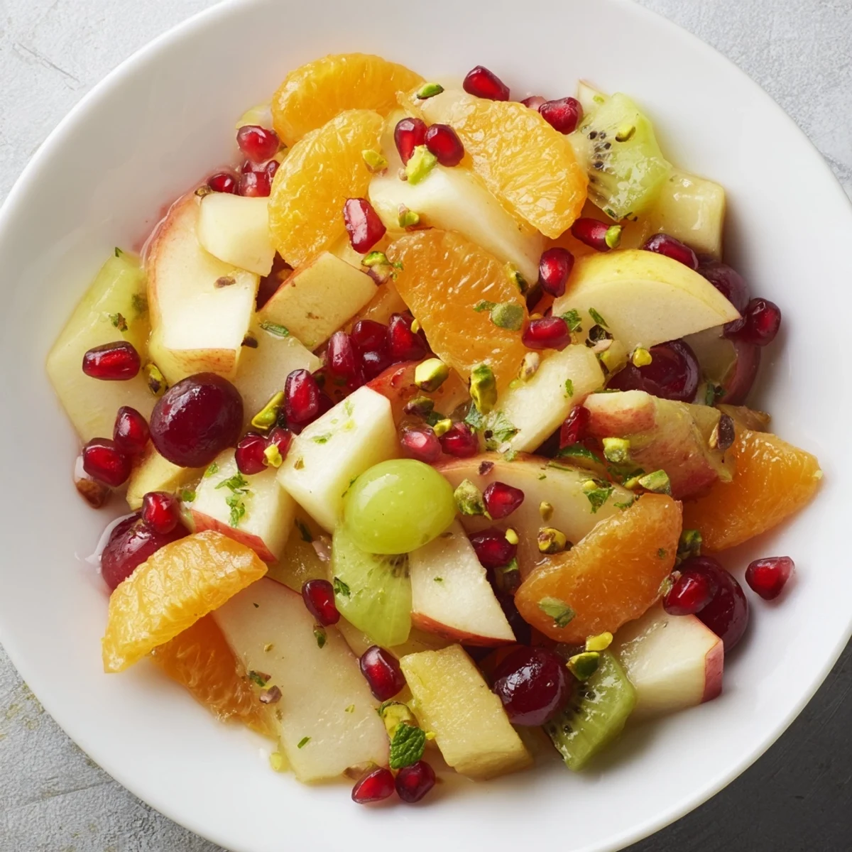 Winter Fruit Salad with Honey Lime Dressing served on a white platter offers a bright, tangy, crunchy bite for brunch.