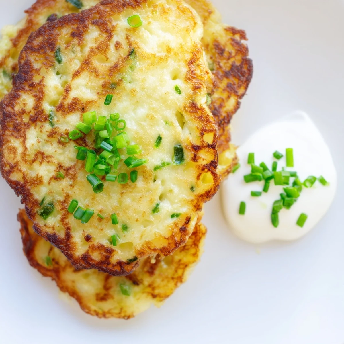 A close-up of crispy Irish Boxty Potato Pancakes with Scallions served with sour cream on a rustic plate.