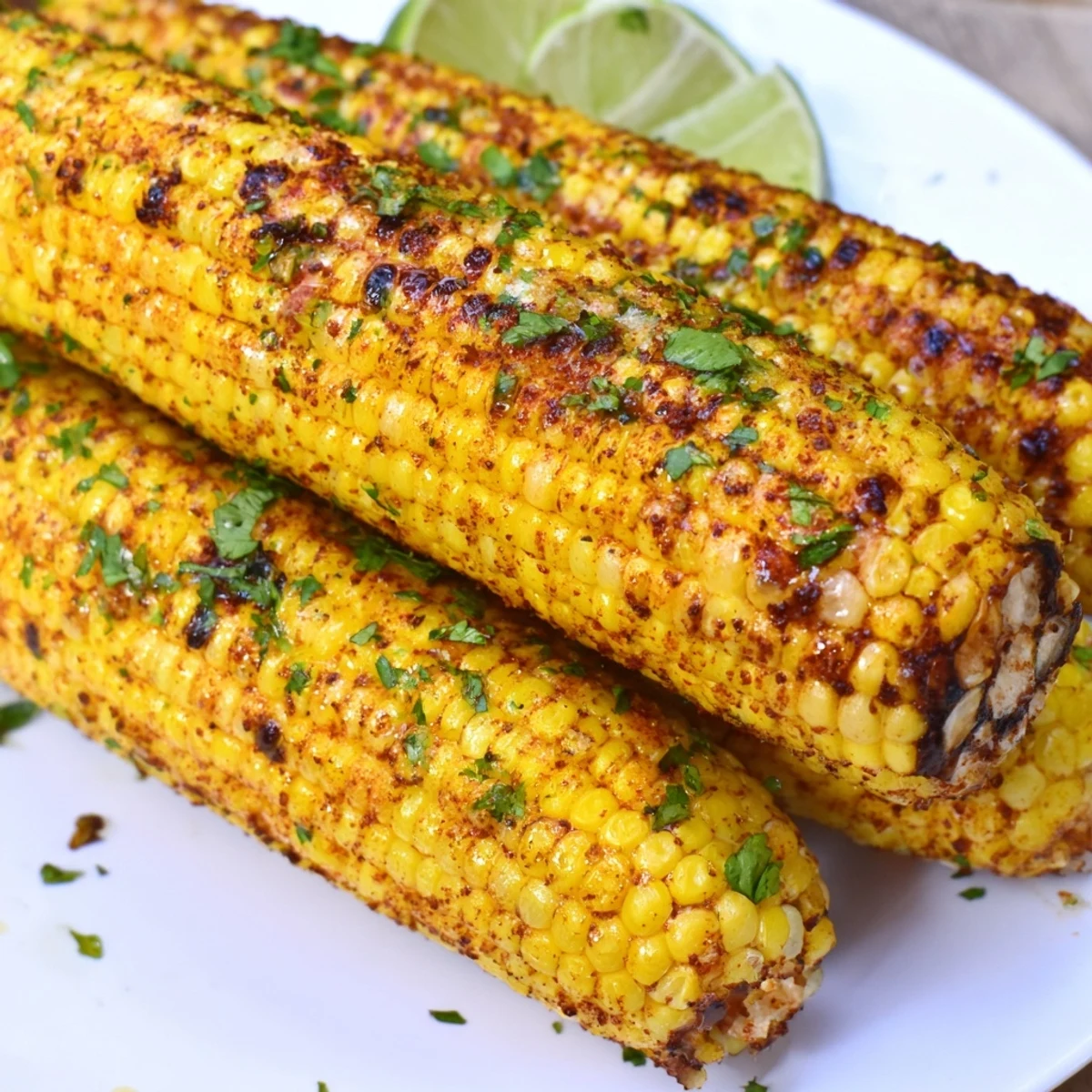 Golden roasted Cajun Spiced Roasted Corn on the Cob glistening with butter and fresh parsley, served with lime wedges.