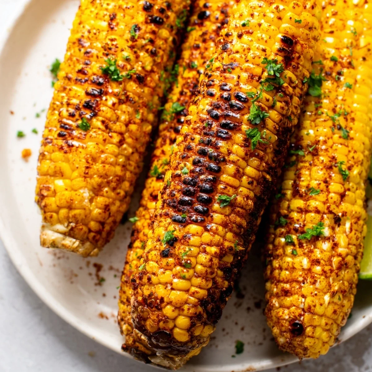 Juicy ears of Cajun Spiced Roasted Corn on the Cob with smoky char marks, perfect for a backyard barbecue.
