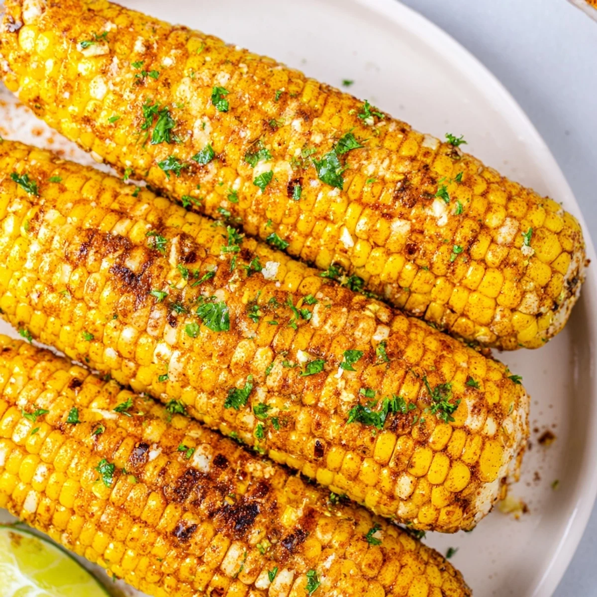 Plated Cajun Spiced Roasted Corn on the Cob beside grilled mains, garnished with parsley and a buttery glaze.