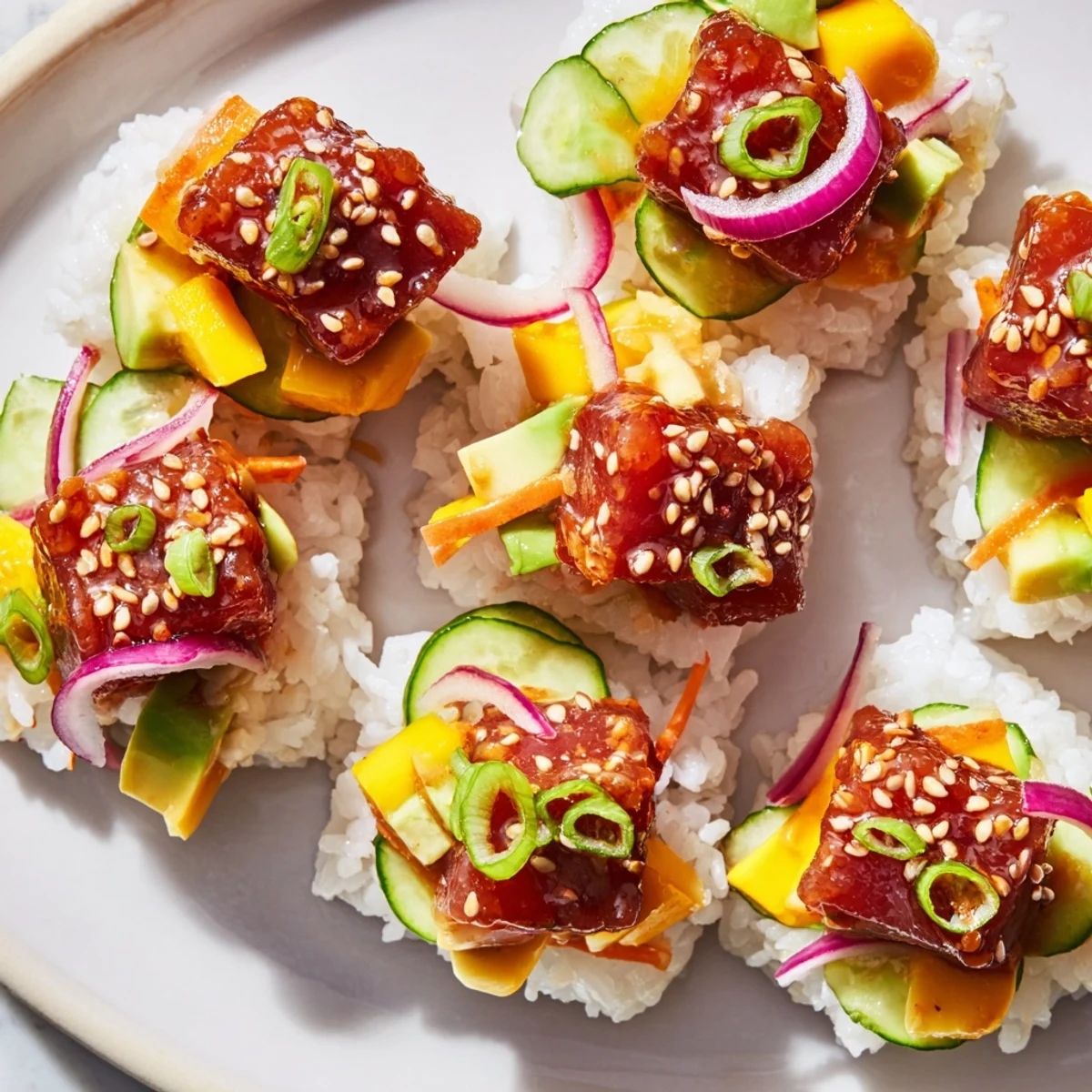 Fresh diced mango and creamy avocado top a bowl of spicy tuna poke, garnished with sesame seeds over sushi rice.