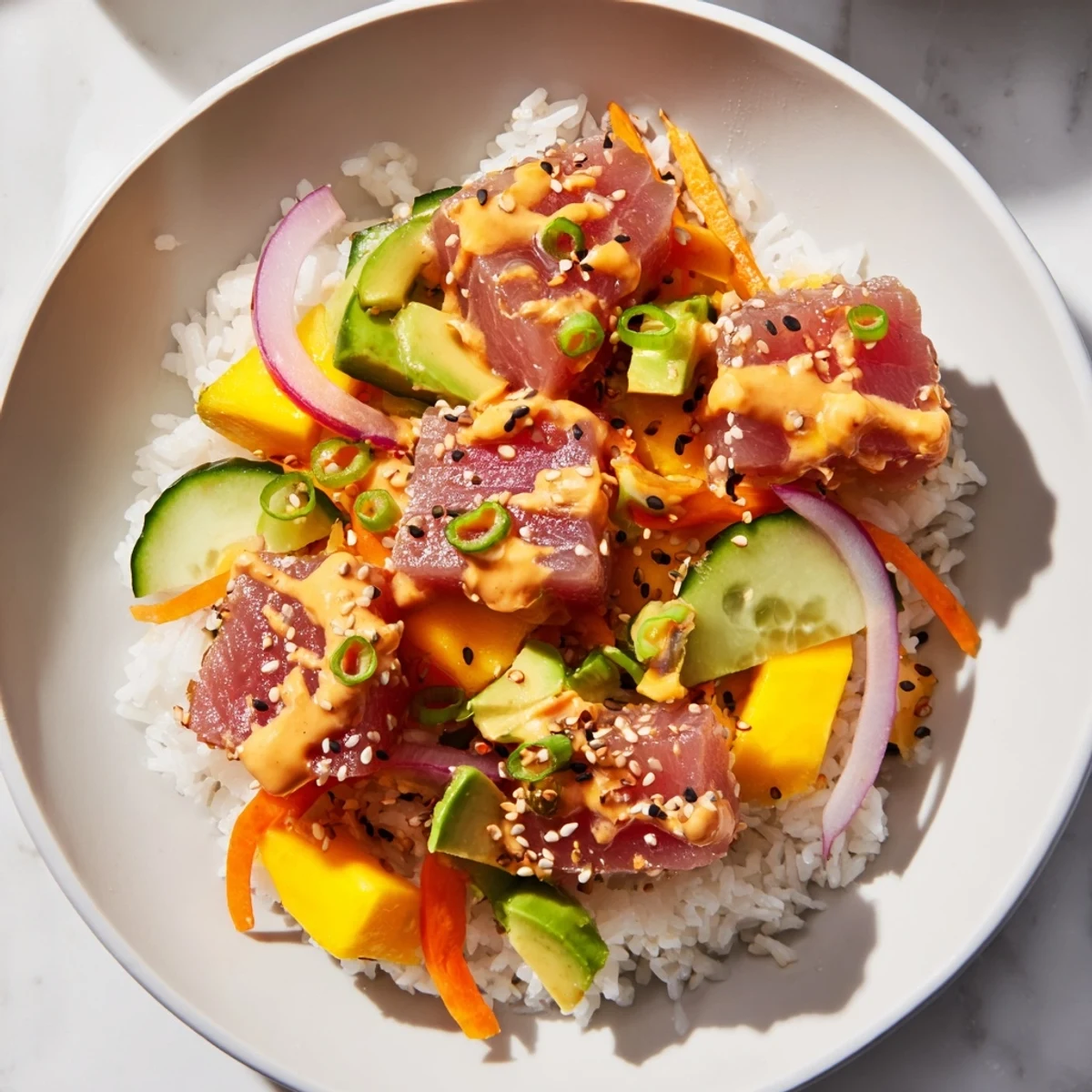A vibrant serving of spicy tuna poke bowl with mango, sliced cucumber, and nori strips on a light table.