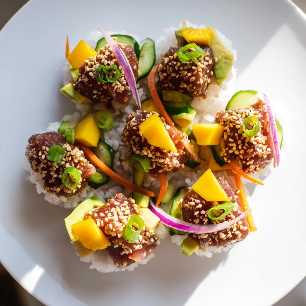 Lunch-ready spicy tuna poke bowl features marinated tuna with sweet mango and crunchy vegetables on a bed of seasoned rice.