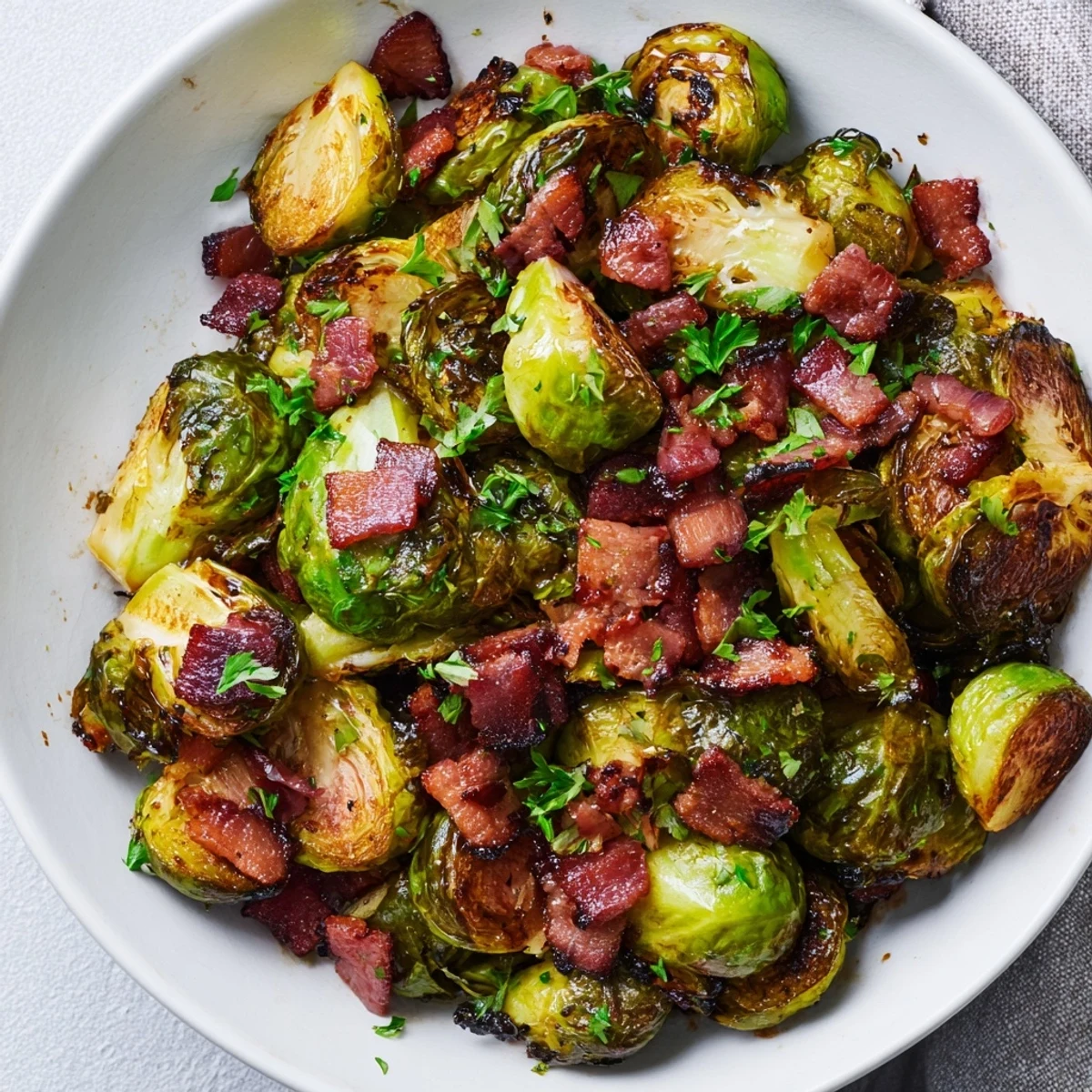Golden roasted Brussels sprouts and crispy beef bacon pieces glistening with olive oil, served as a savory side dish.