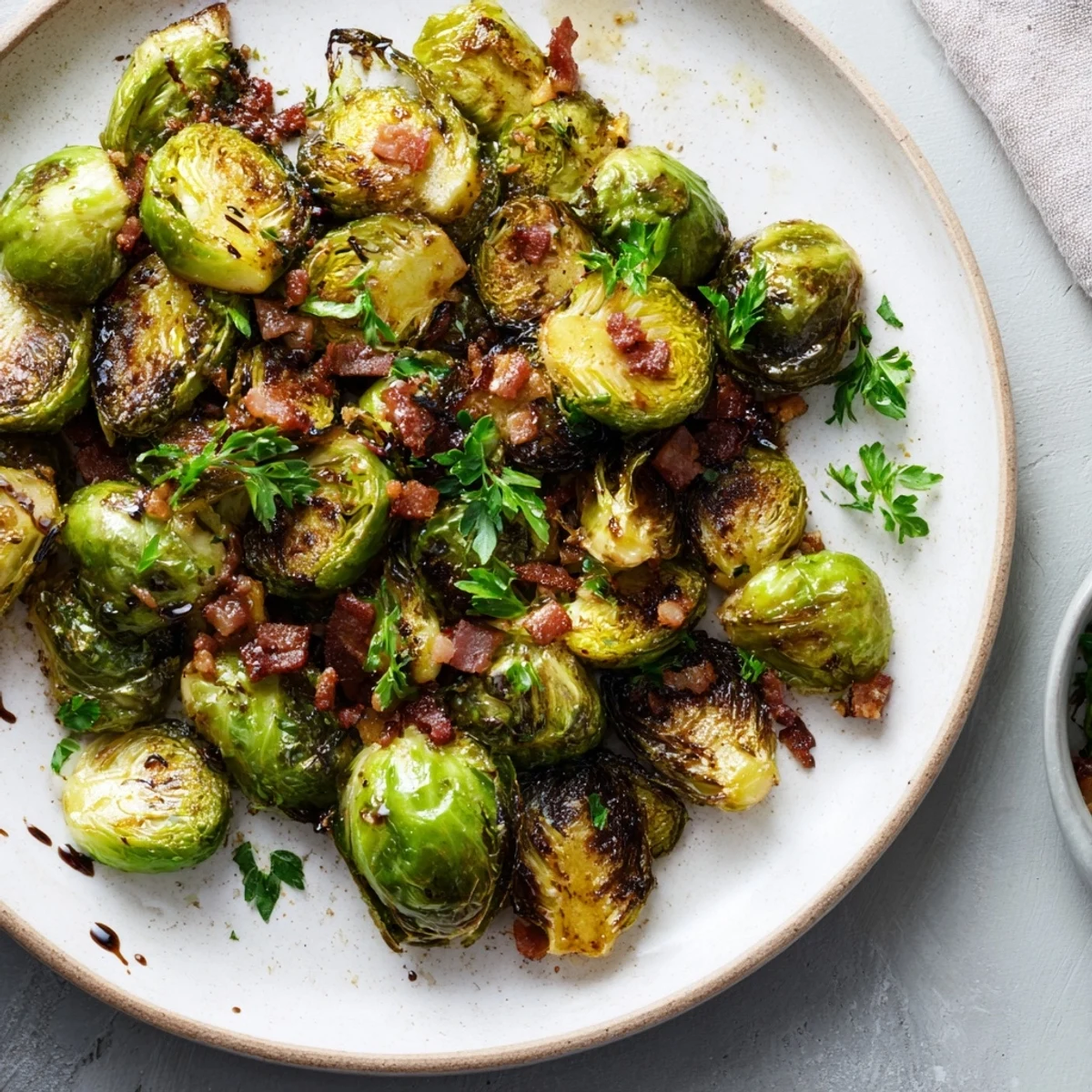 Easy American roasted Brussels sprouts with beef bacon, showcasing tender green vegetables and crunchy dark bits, perfect for holiday meals.