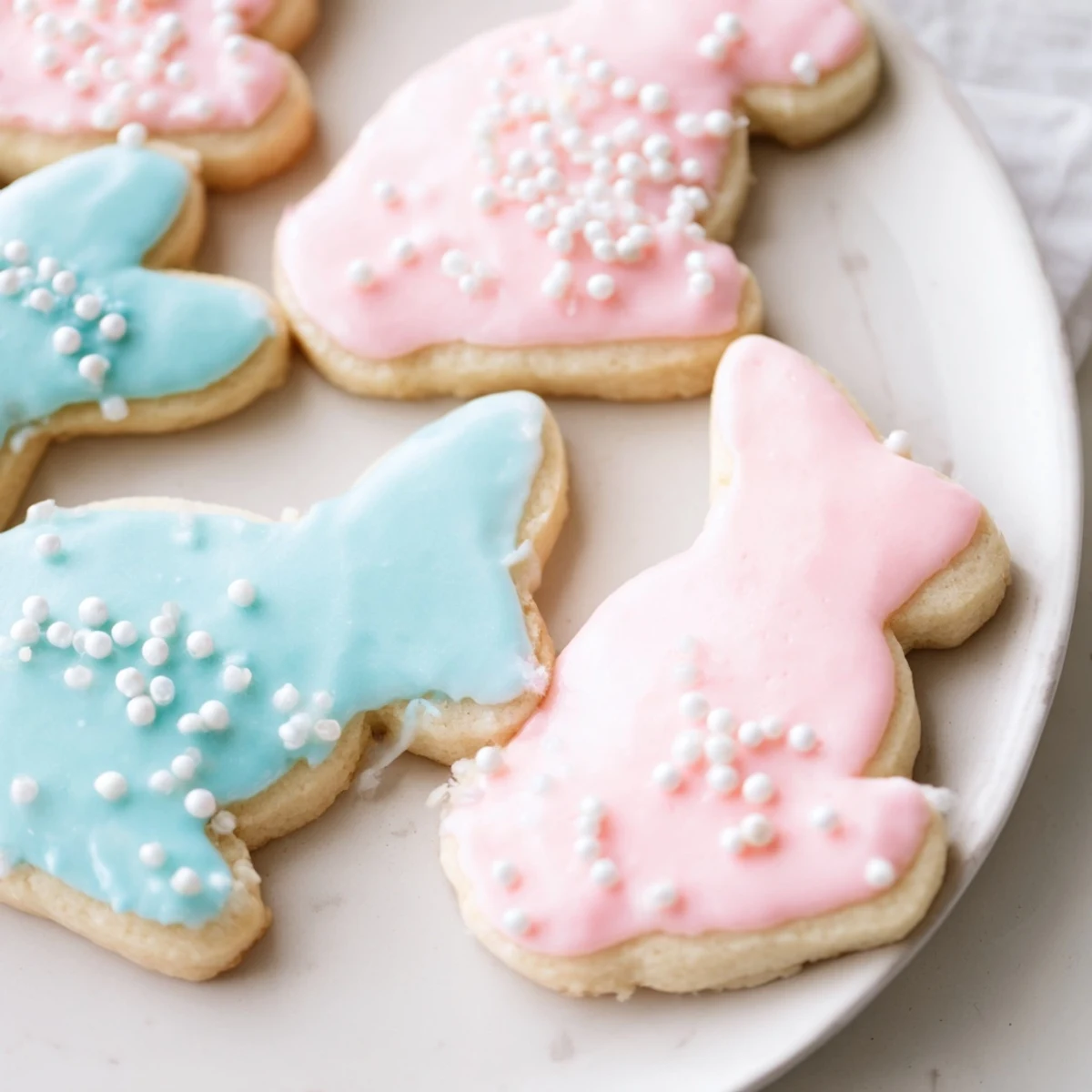 A close-up of decorated Easter Bunny Sugar Cookies adorned with pastel icing and sprinkles on a white plate.