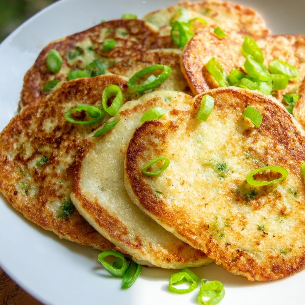 Stack of warm Irish Boxty Potato Pancakes with Scallions on a wooden board, ready to be enjoyed as a hearty breakfast side.