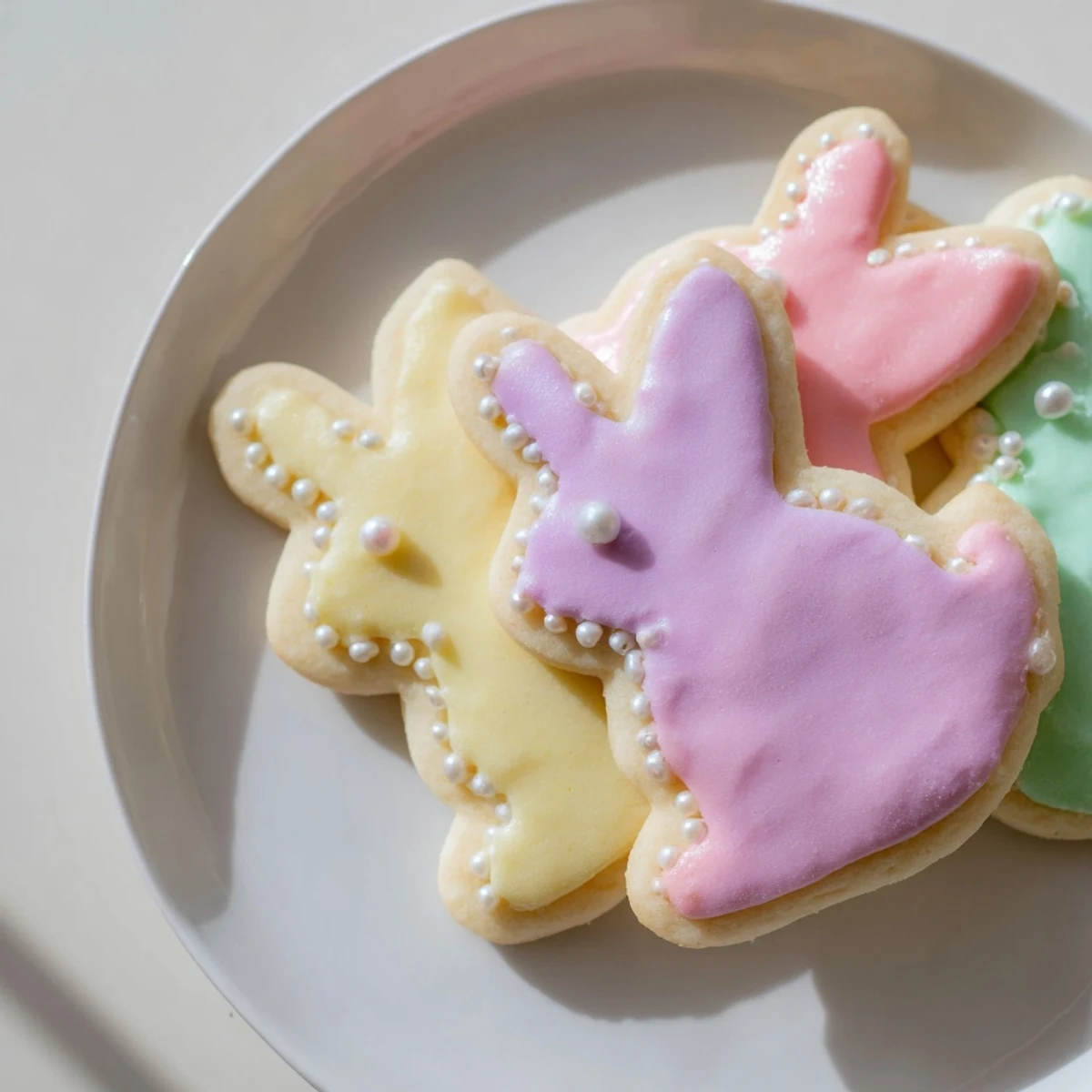 Golden brown Easter Bunny Sugar Cookies with pastel royal icing and sprinkles arranged on a cooling rack.