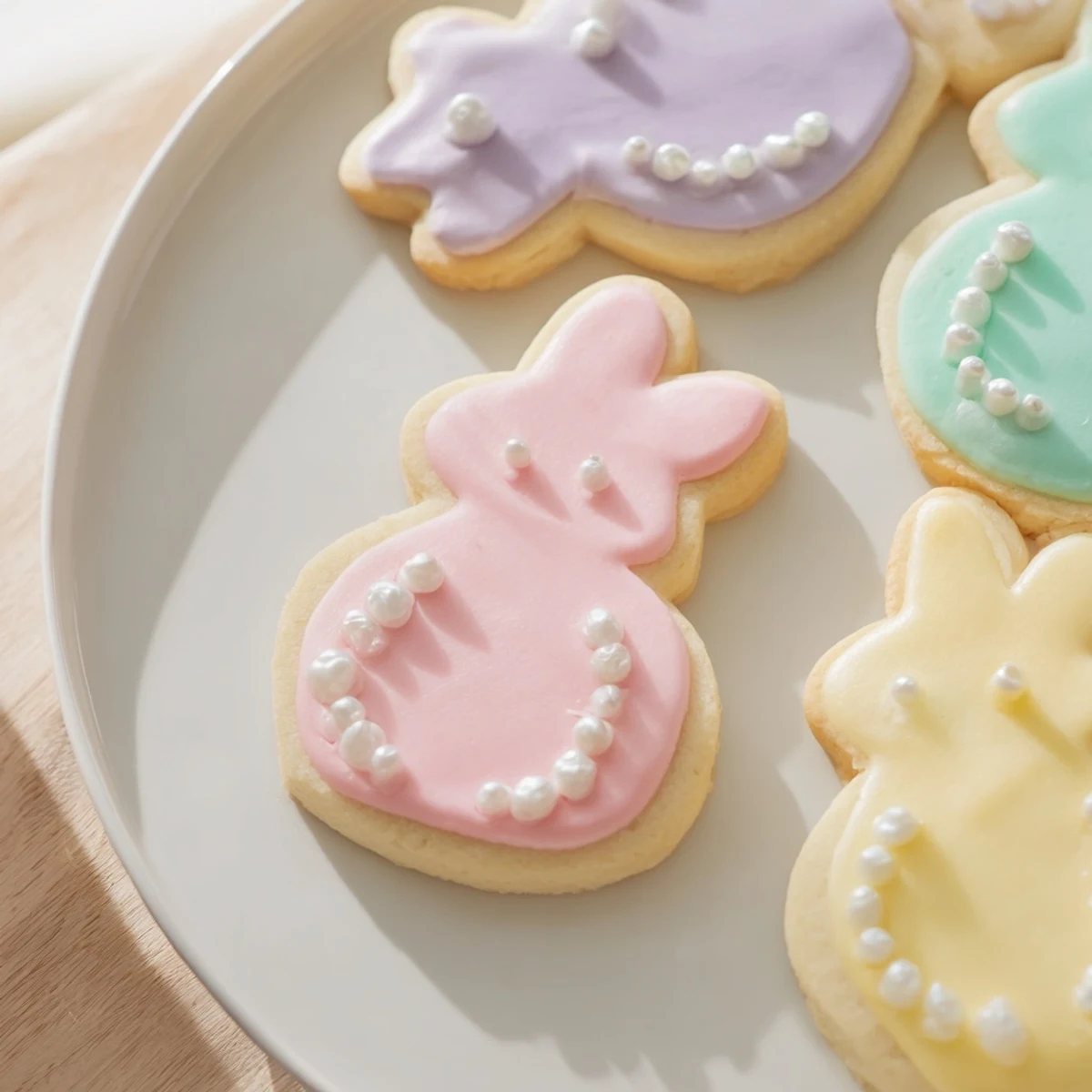 Festive Easter Bunny Sugar Cookies with vibrant icing colors, perfect for a spring dessert platter.