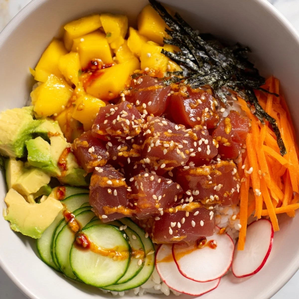 Vibrant Spicy Tuna Poke Bowl with Mango and Avocado in a colorful bowl, featuring fresh diced ingredients on a bed of white rice.