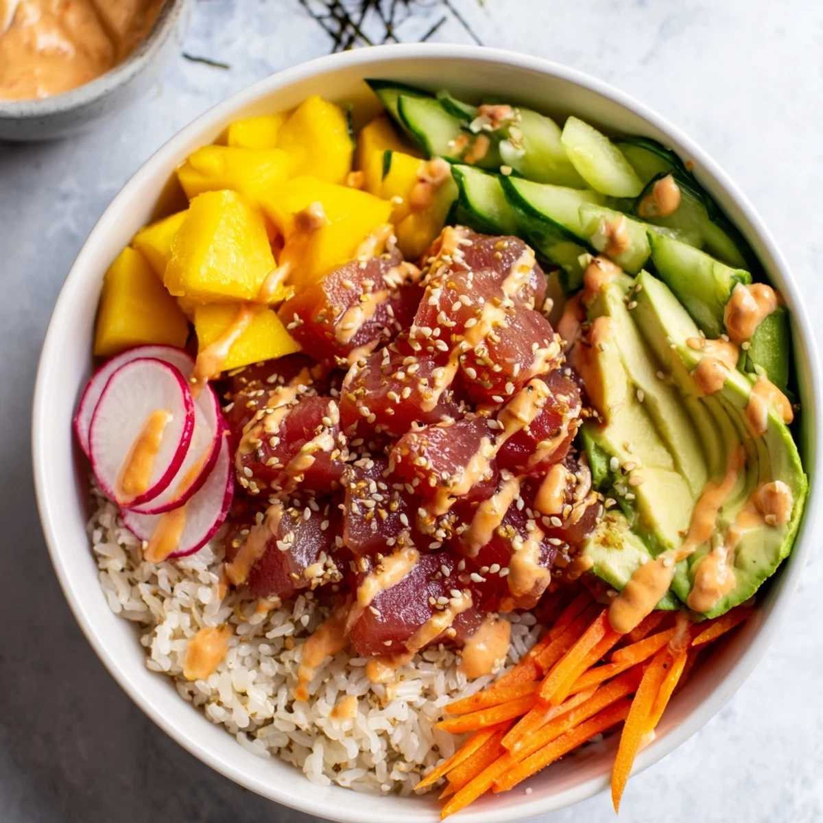 Close-up of a Spicy Tuna Poke Bowl with Mango and Avocado showcasing fresh tuna, sweet mango chunks, and crisp vegetables for a delicious meal.