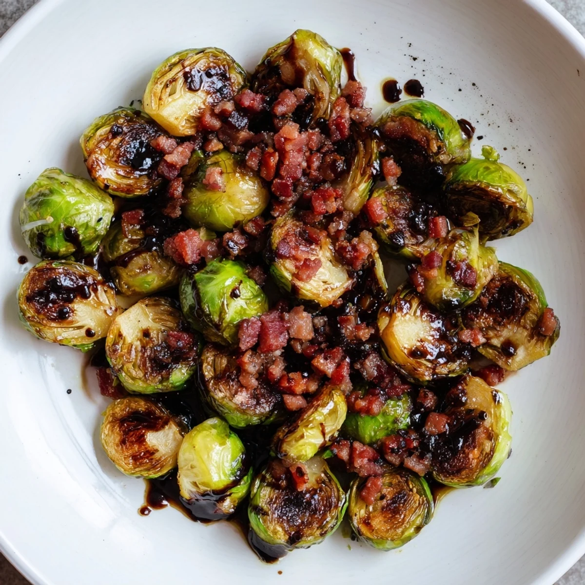 Golden roasted Brussels sprouts with crispy beef bacon pieces, drizzled with balsamic glaze on a rustic wooden serving platter.