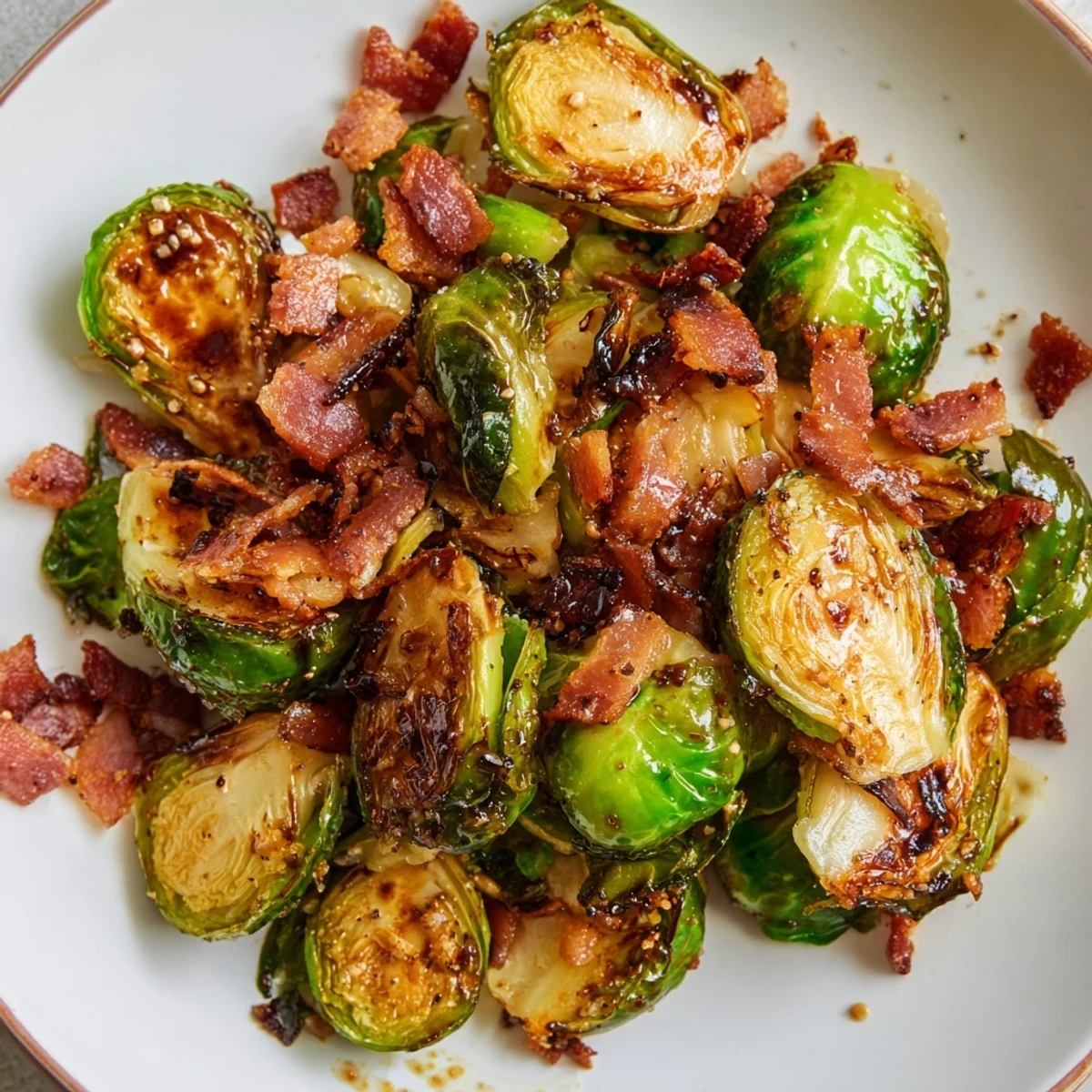 Roasted Brussels Sprouts with Beef Bacon served hot from the oven, showcasing caramelized edges and savory, smoky bacon bits.
