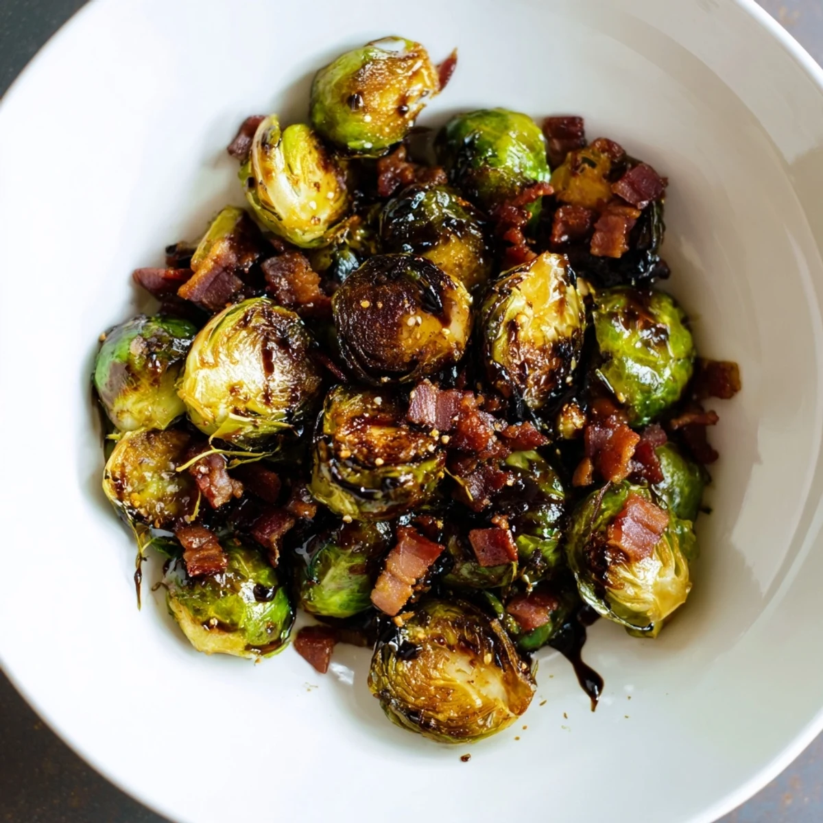 A close-up of Roasted Brussels Sprouts with Beef Bacon, highlighting the tender green centers and crunchy, flavorful garnish.