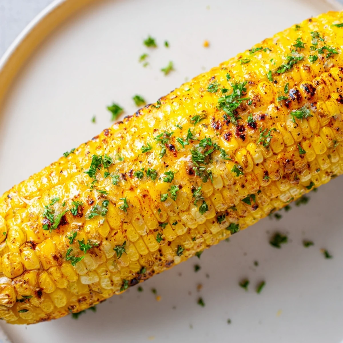 A close-up of Cajun Spiced Roasted Corn on the Cob shows buttery, spicy glaze and fresh parsley garnish.