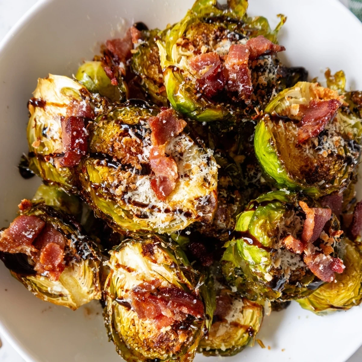 Golden roasted Brussels sprouts with crispy beef bacon and a hint of garlic, ready to serve hot on a white plate.