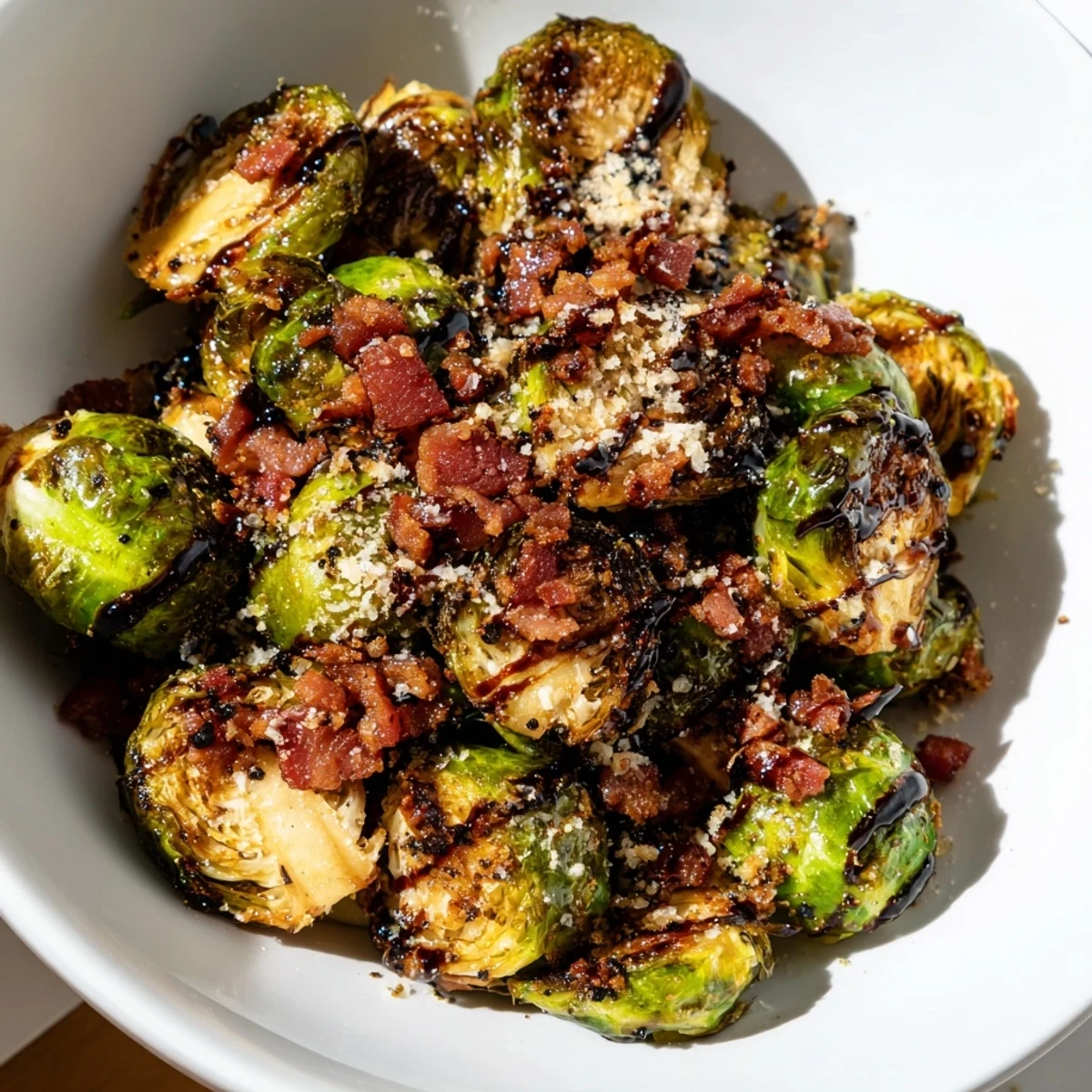 Freshly roasted Brussels sprouts and crunchy beef bacon, served as a warm American side dish for a family dinner.