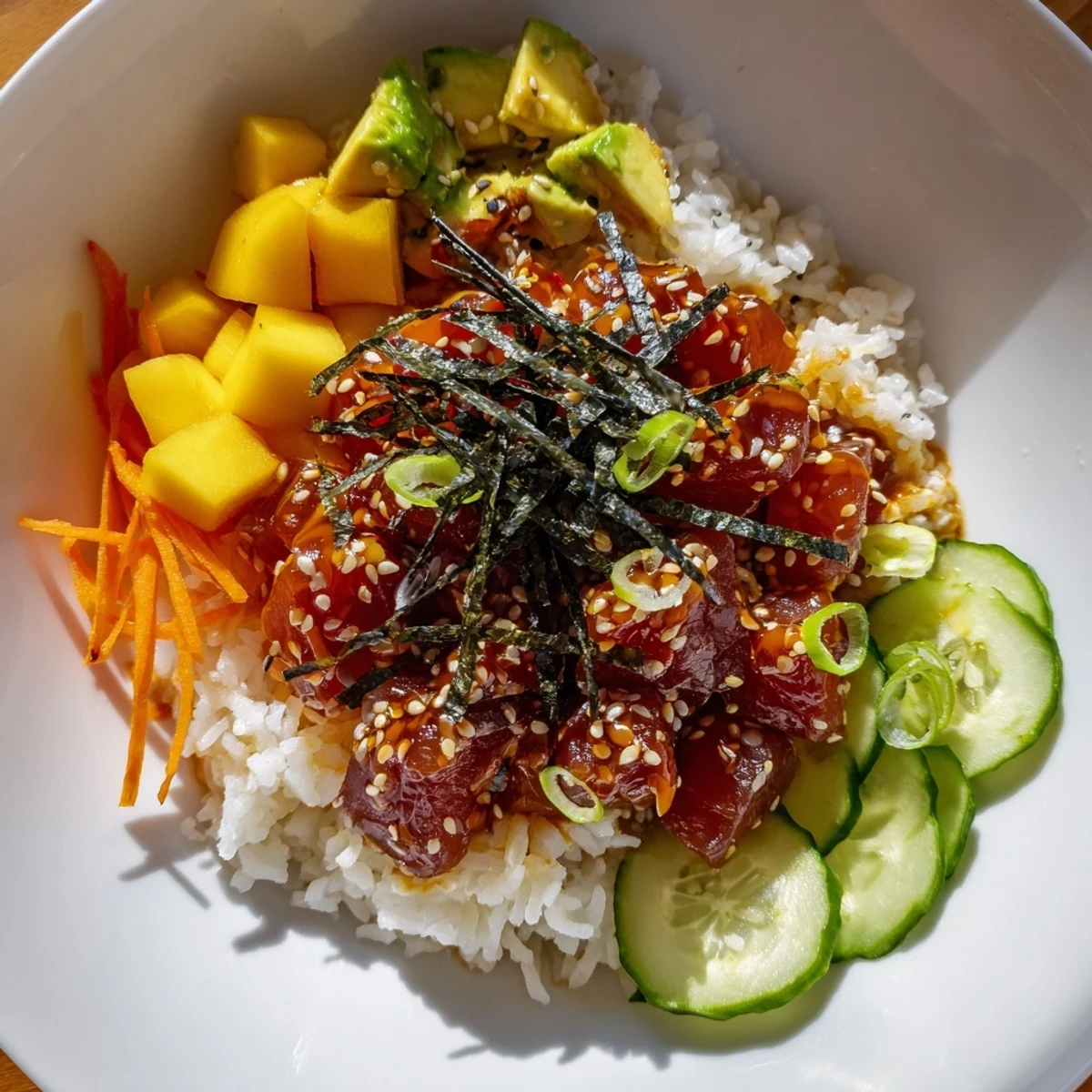 Vibrant bowl of Spicy Tuna Poke Bowl with Mango and Avocado featuring ruby-red tuna cubes and creamy green slices over sushi rice.