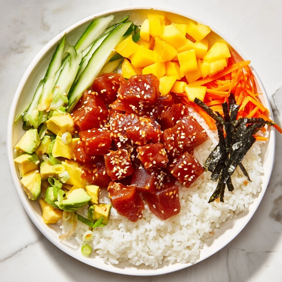 Colorful serving of Spicy Tuna Poke Bowl with Mango and Avocado layered with crunchy veggies and drizzled with spicy mayo sauce.