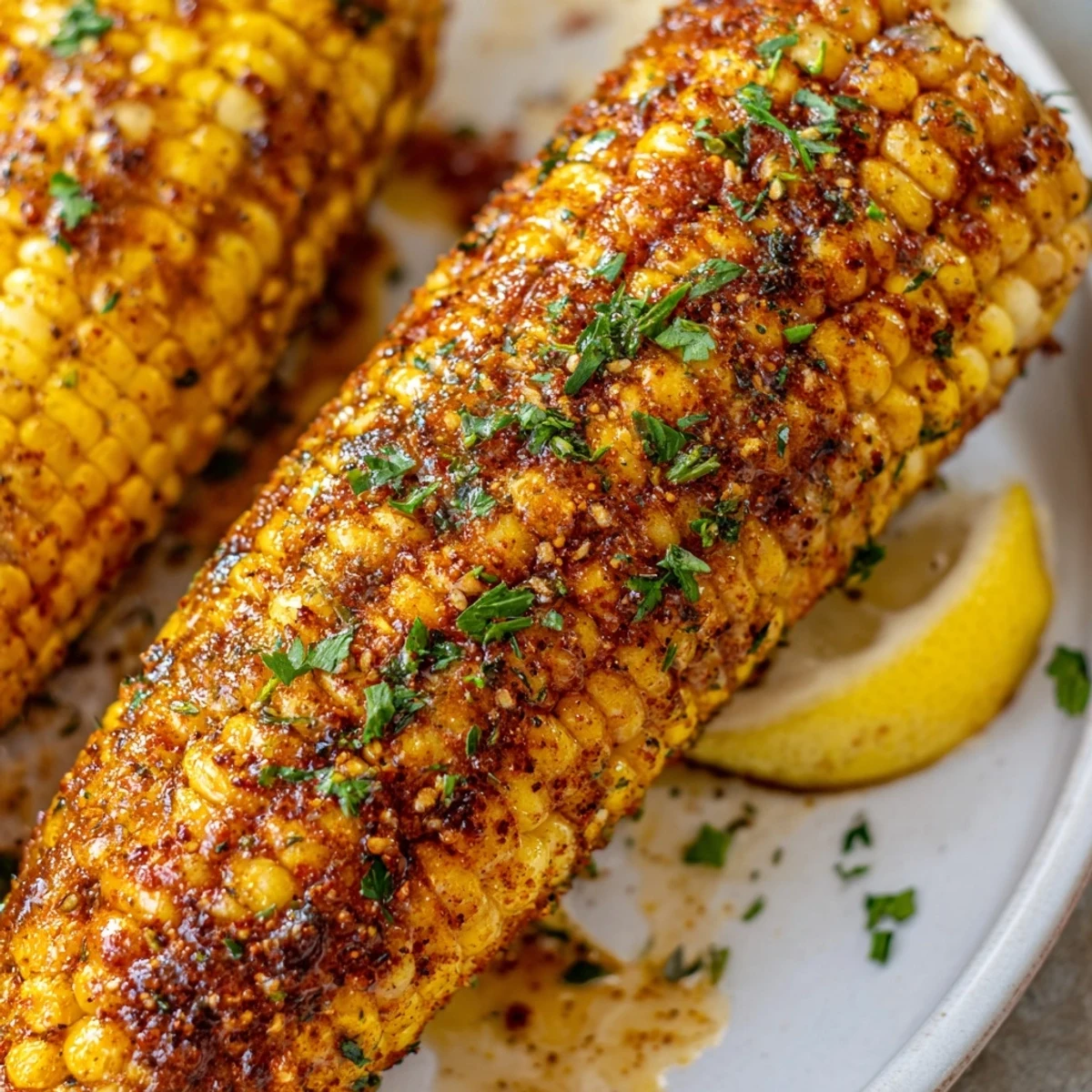 Golden-brown ears of Cajun Spiced Roasted Corn on the Cob glisten with butter and fresh parsley, served with lemon wedges on a rustic wooden board.