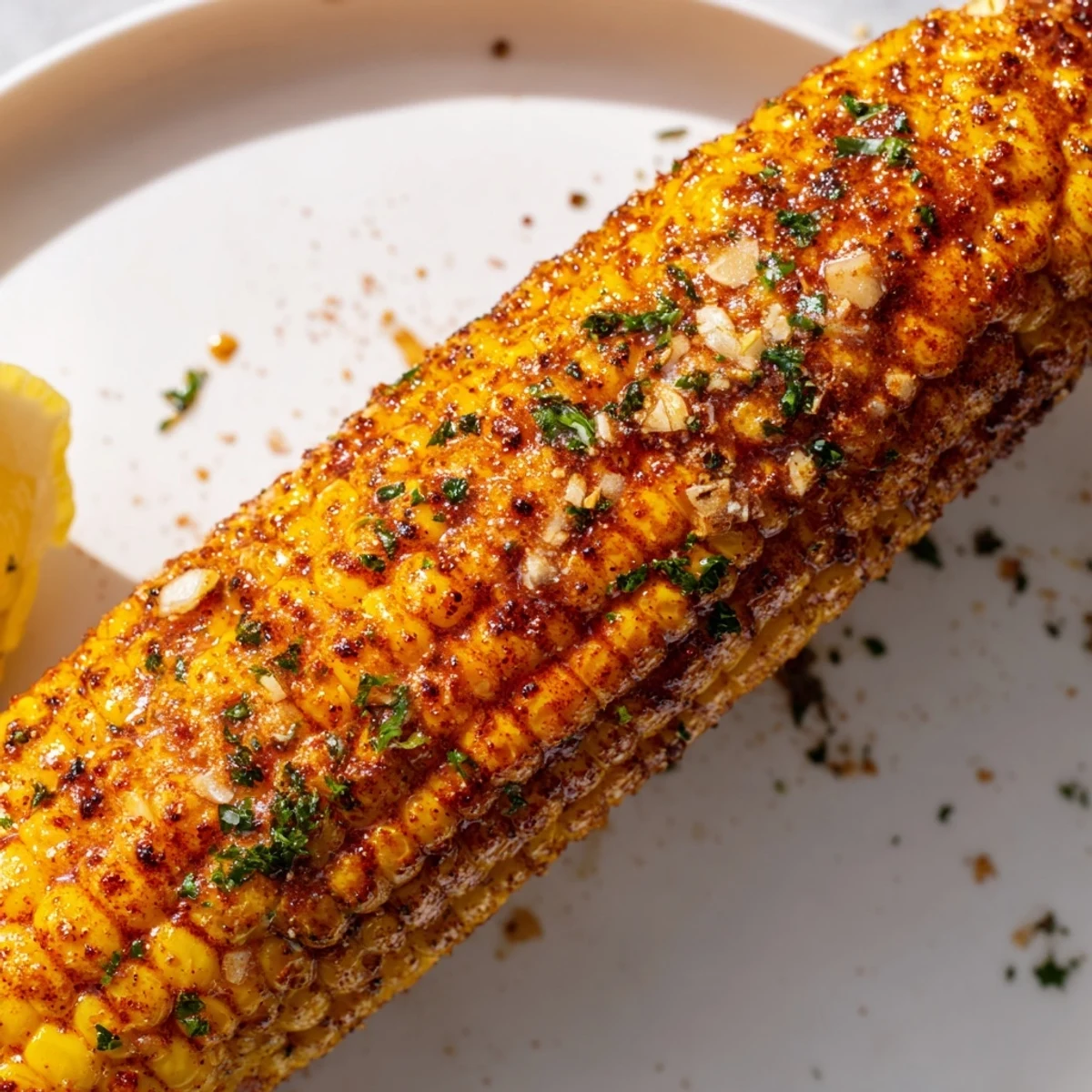 Four servings of Cajun Spiced Roasted Corn on the Cob sit on a baking sheet, featuring charred kernels and a vibrant red paprika spice blend.