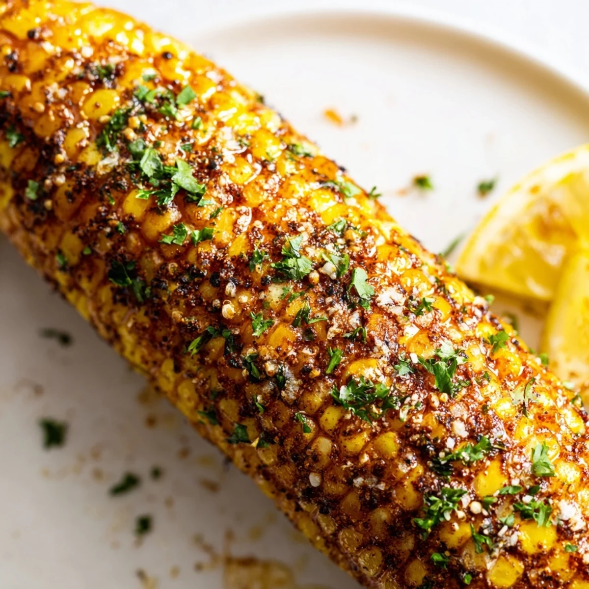 A close-up of Cajun Spiced Roasted Corn on the Cob highlights the smoky seasoning and melted butter, perfect for a Southern-style summer barbecue.