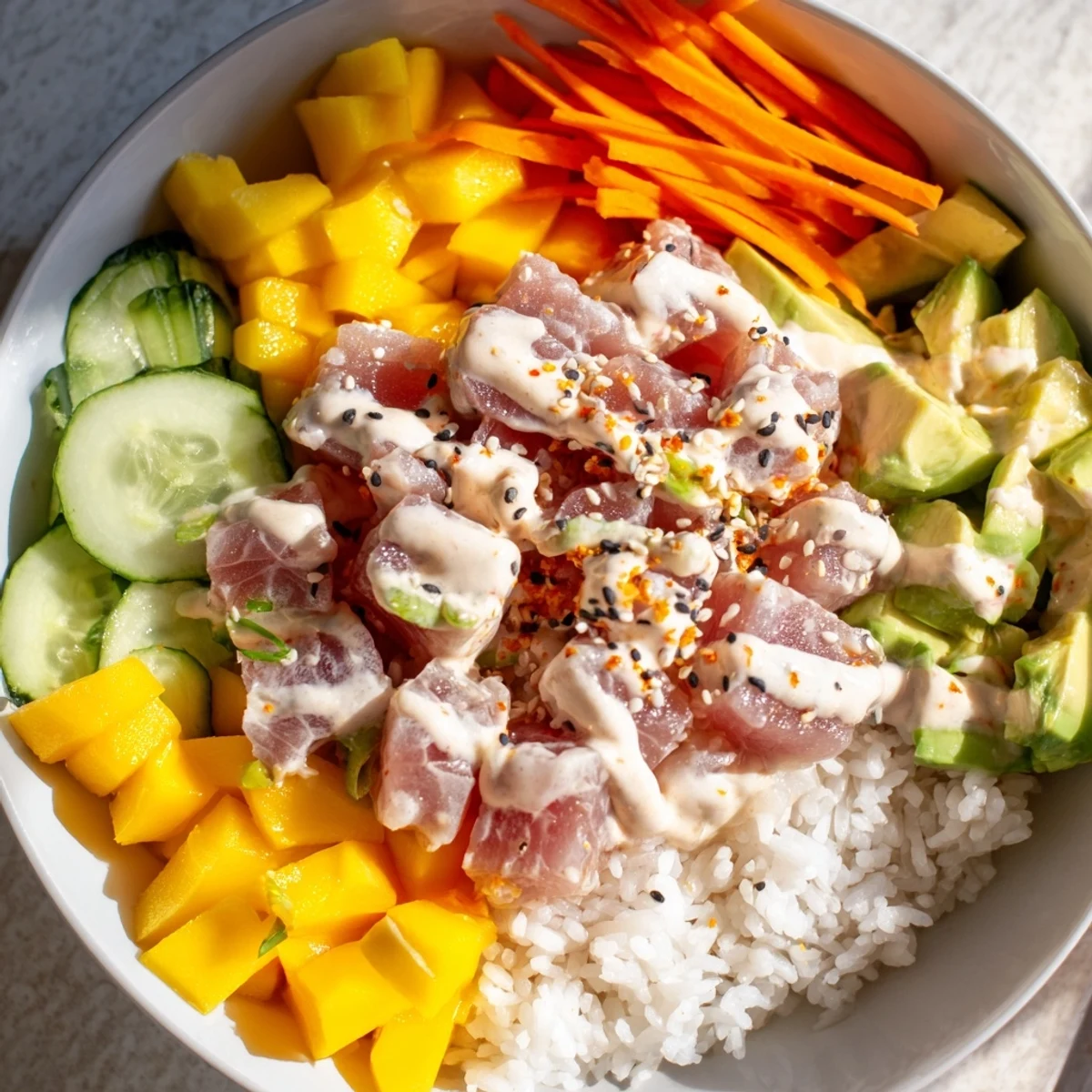 A vibrant Spicy Tuna Poke Bowl with Mango, featuring fresh tuna cubes and creamy avocado atop seasoned sushi rice with crisp veggies and a drizzle of spicy mayo.