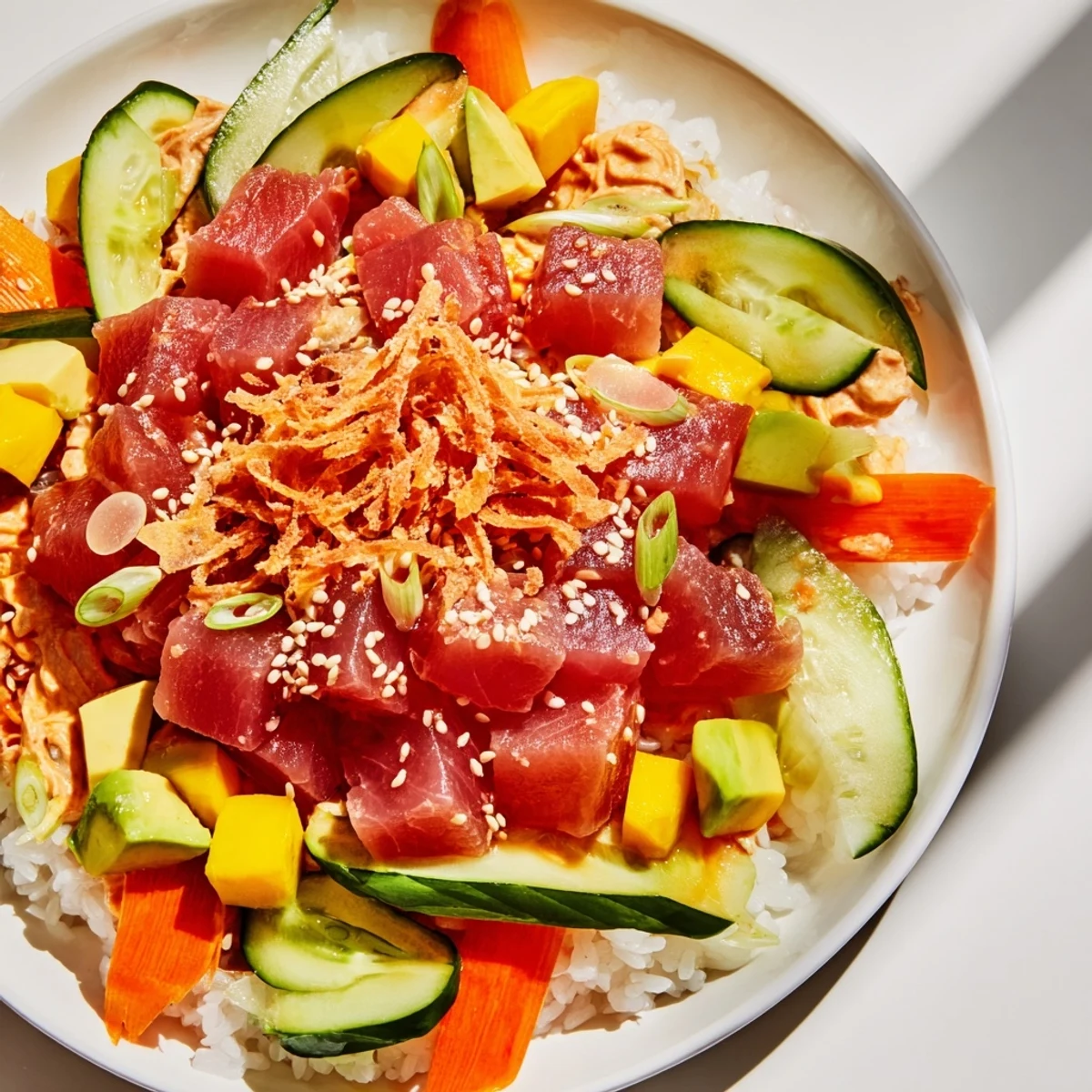 Sliced mango and diced avocado top this colorful Spicy Tuna Poke Bowl, served over steamed rice with crunchy cucumbers, carrots, and a tangy soy dressing drizzle.