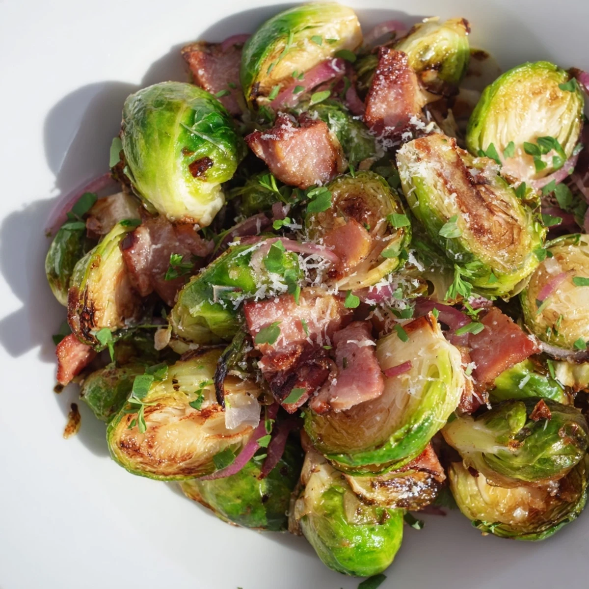 Roasted Brussels Sprouts with Beef Bacon glistens with crispy edges and caramelized bits from the hot oven.