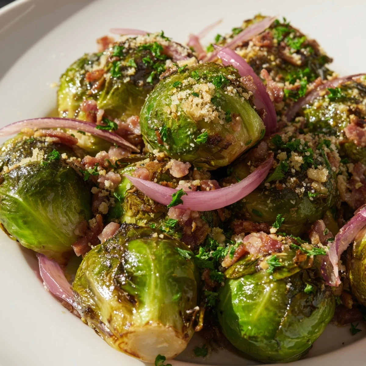 A close-up of Roasted Brussels Sprouts with Beef Bacon shows smoky beef bacon pieces mixed with tender sprouts.