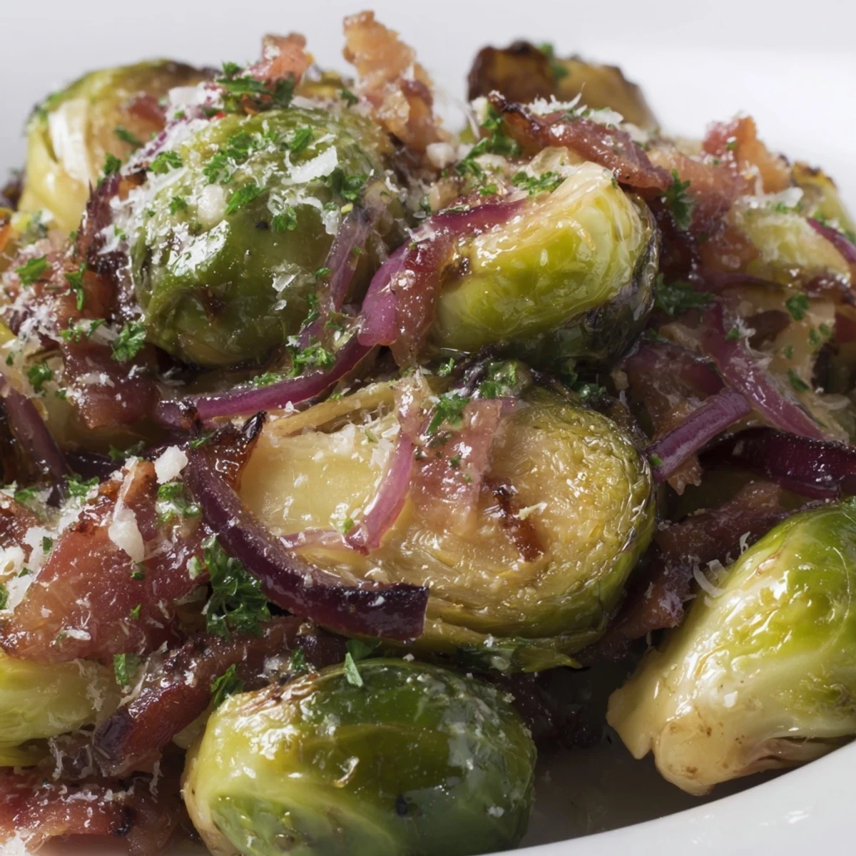 Golden Roasted Brussels Sprouts with Beef Bacon are served warm on a plate, garnished with fresh parsley.