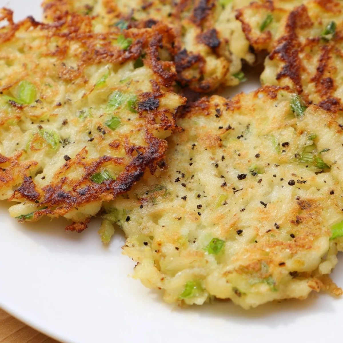 Golden-brown Irish Boxty Potato Pancakes with Scallions sizzling in a cast-iron skillet, featuring crispy edges and a tender interior.