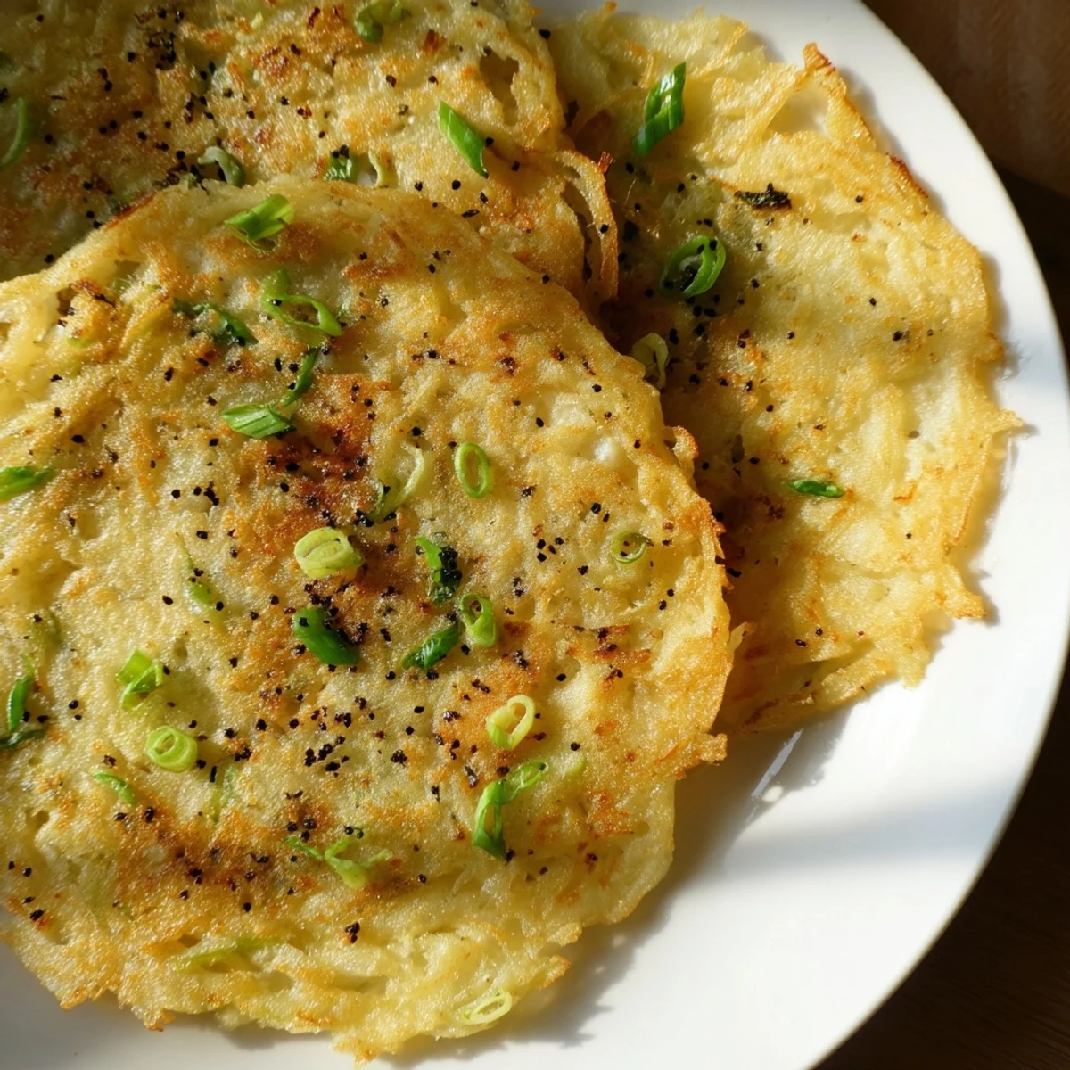Freshly fried Irish Boxty Potato Pancakes with Scallions served on a rustic plate, garnished with vibrant green scallion slices.